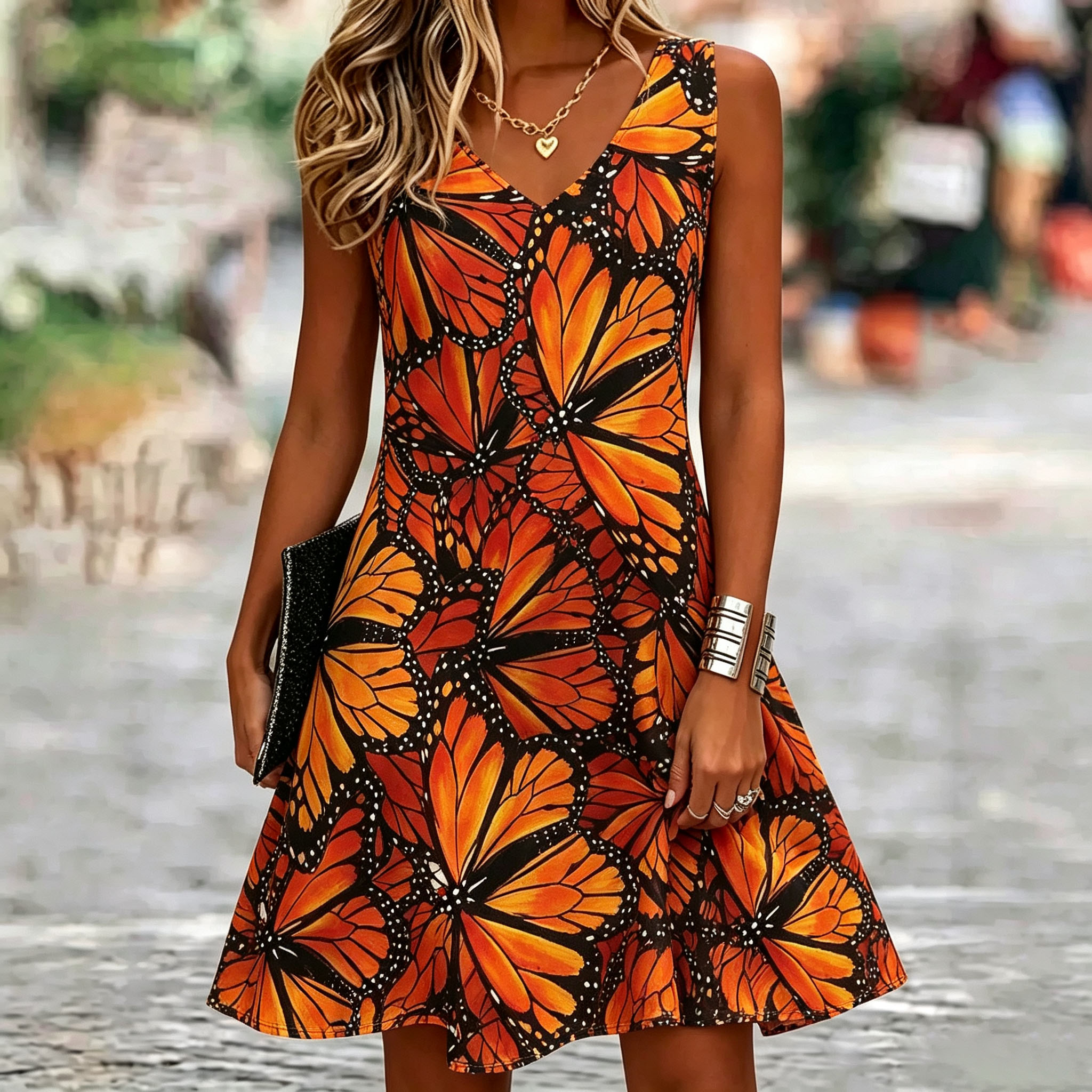 Women's Butterfly Print Mini Dress Sleeveless V Neck Casual A Line Swing Dress, Boho Summer Beach Dress for Vacation and Daily Wear