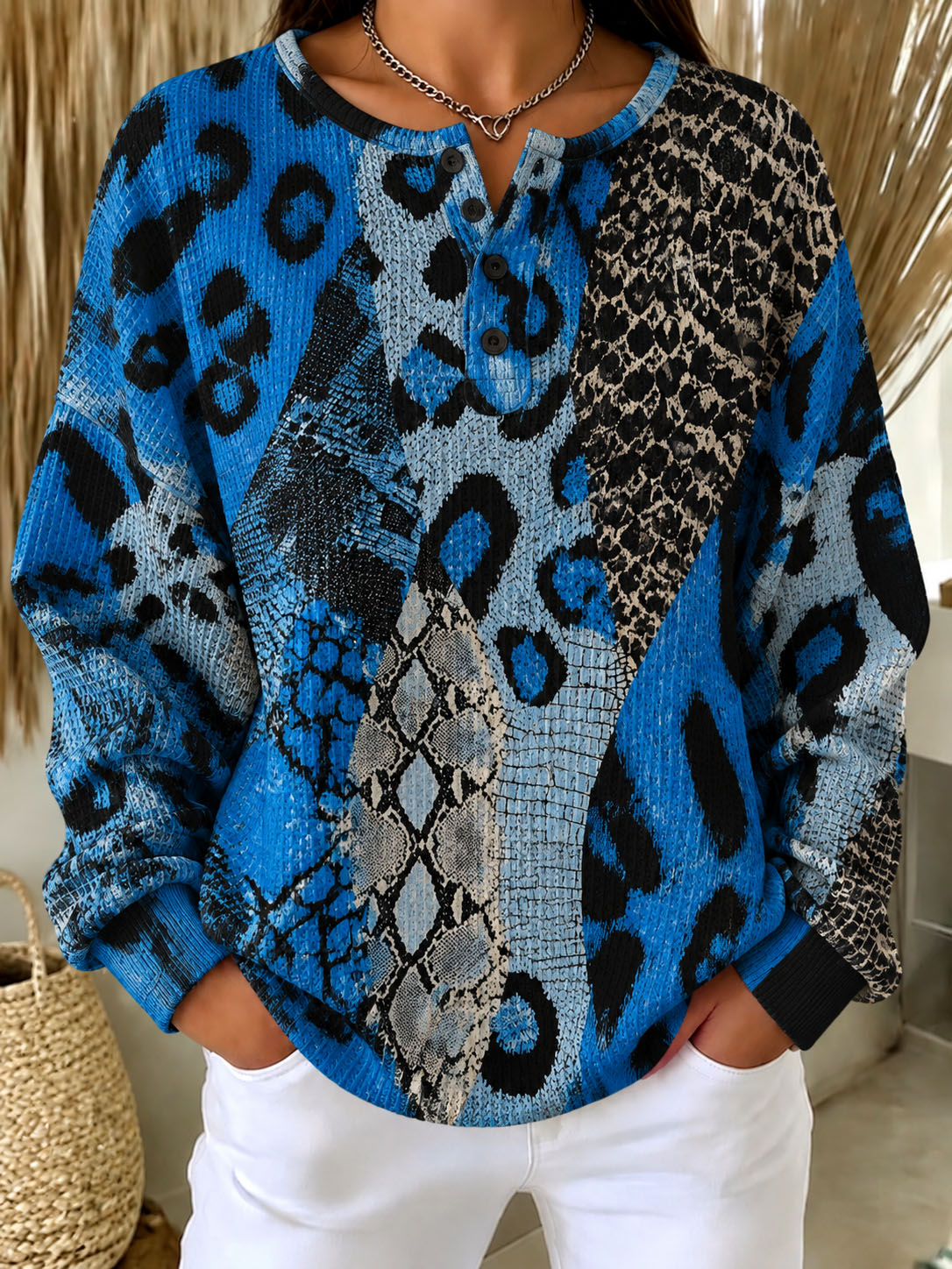 Women Waffle Knit Henley Sweatshirt, Mixed Leopard Snake Animal Print Long Sleeve Loose Fit Pullover Tops Fall Casual Blouse