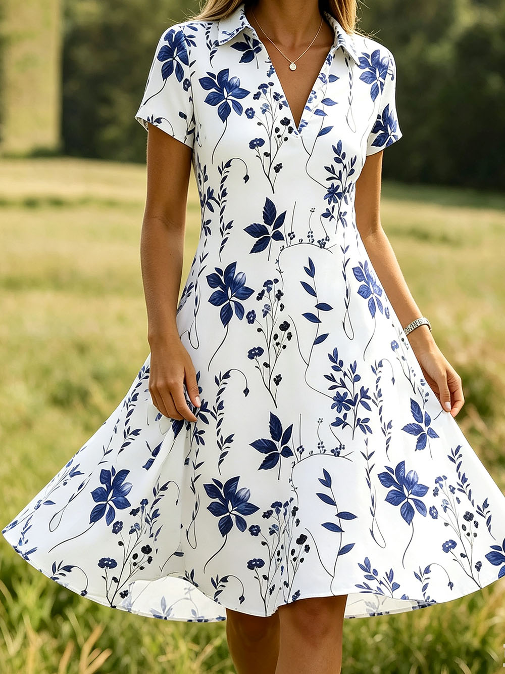 Women’s Floral Print Casual Dress – Short Sleeve V-Neck Summer Dress, Lightweight Polyester Beach Midi Dress