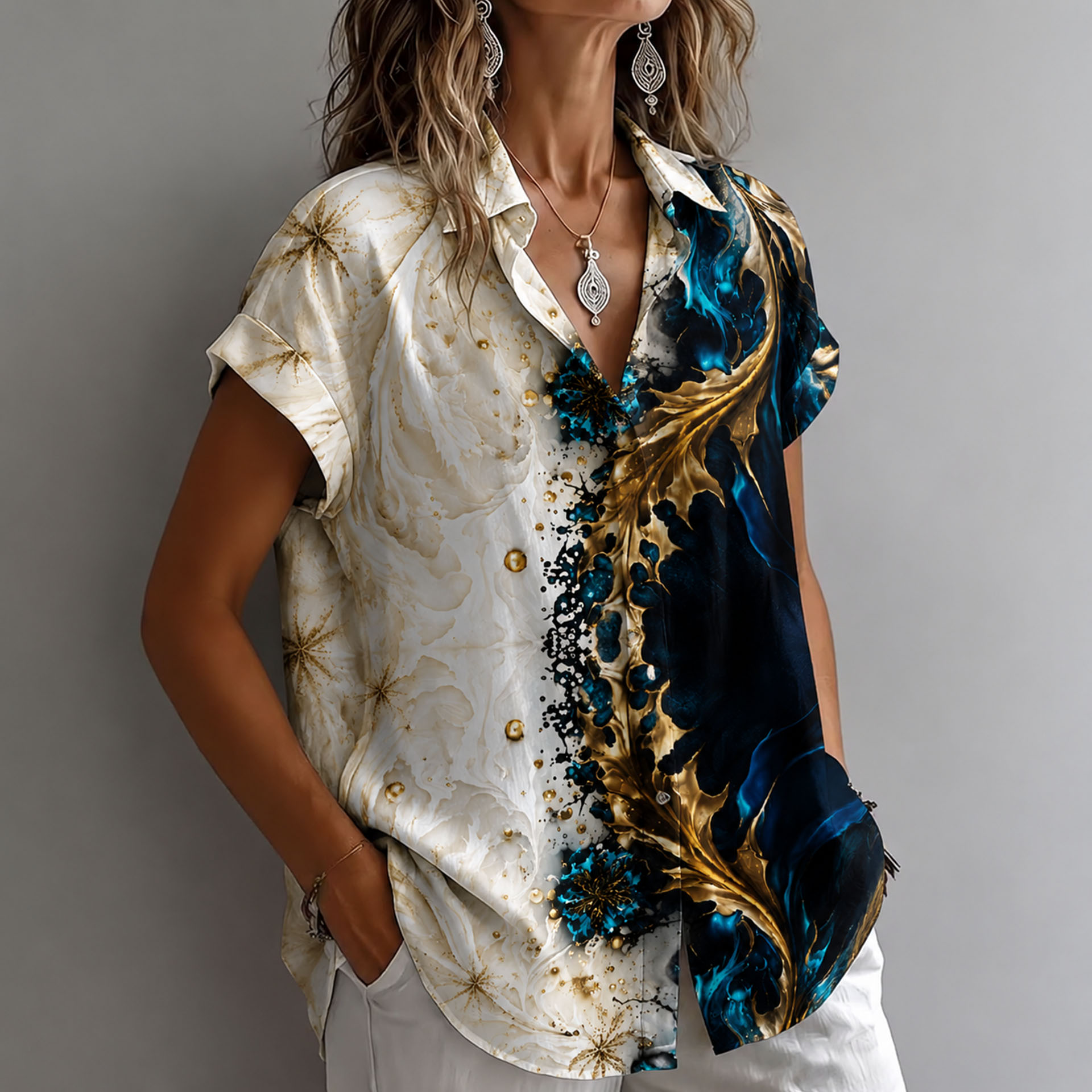 Women's Floral Printed Button Down Shirt – Elegant Casual Short Sleeve Blouse with Lightweight Polyester Fabric