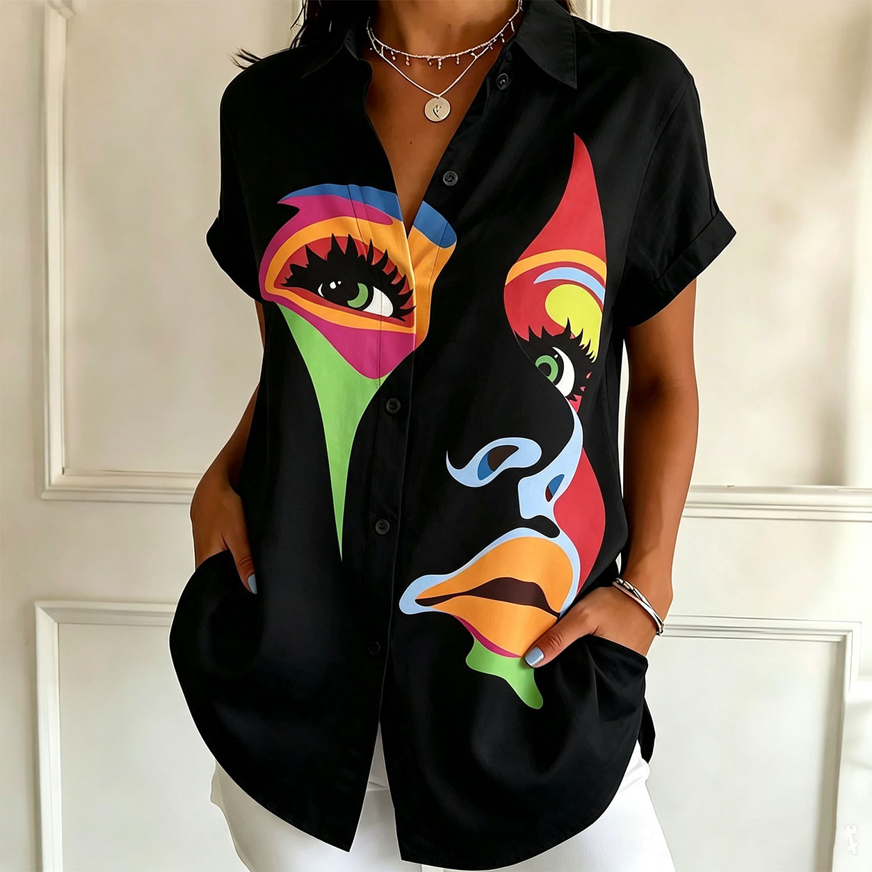 Women’s Abstract Graphic Print Button Down Shirt – Casual Short Sleeve Loose Fit Blouse with Artistic Design