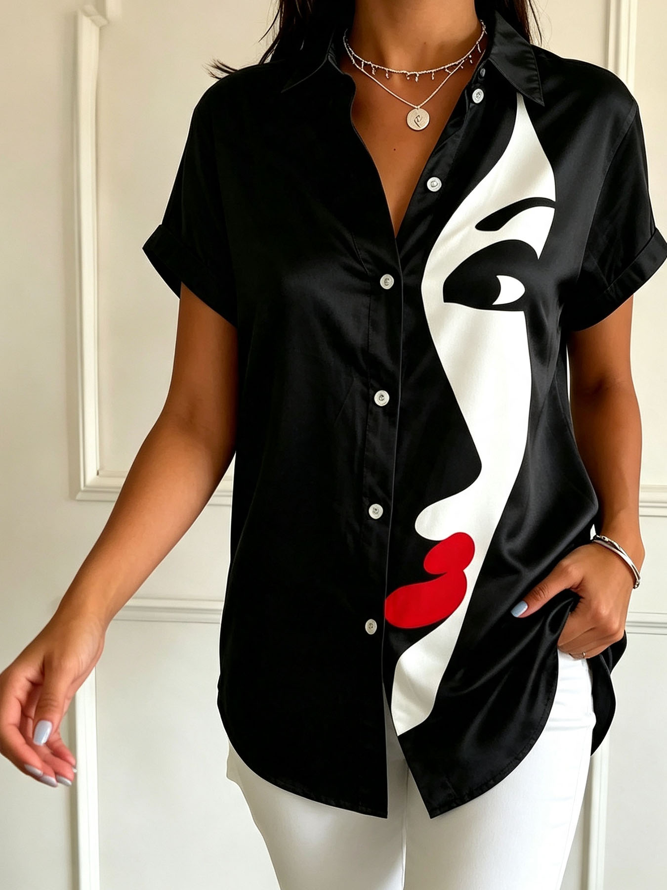 Women's Short Sleeve Button Down Shirt – Elegant Abstract Print Blouse with Collared Neck, Lightweight Polyester Casual Top