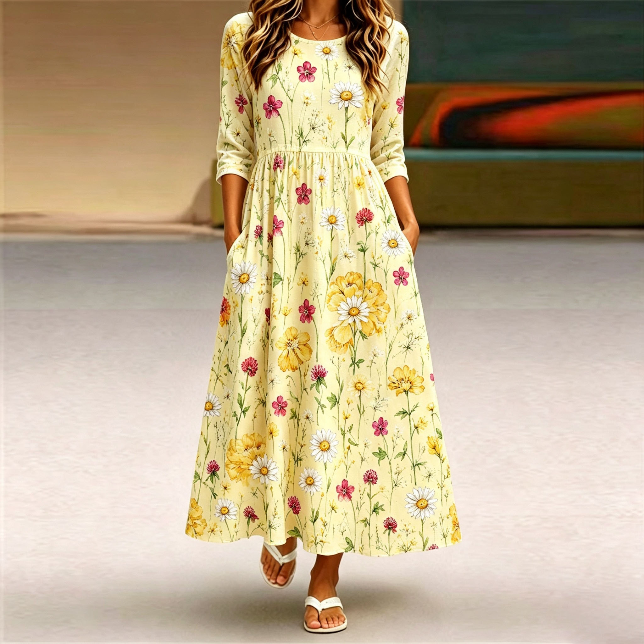 Women's Floral Maxi Dress  A Line Dress with Pockets Casual Long Dress Yellow Flower Print Summer Spring Dresses for Women