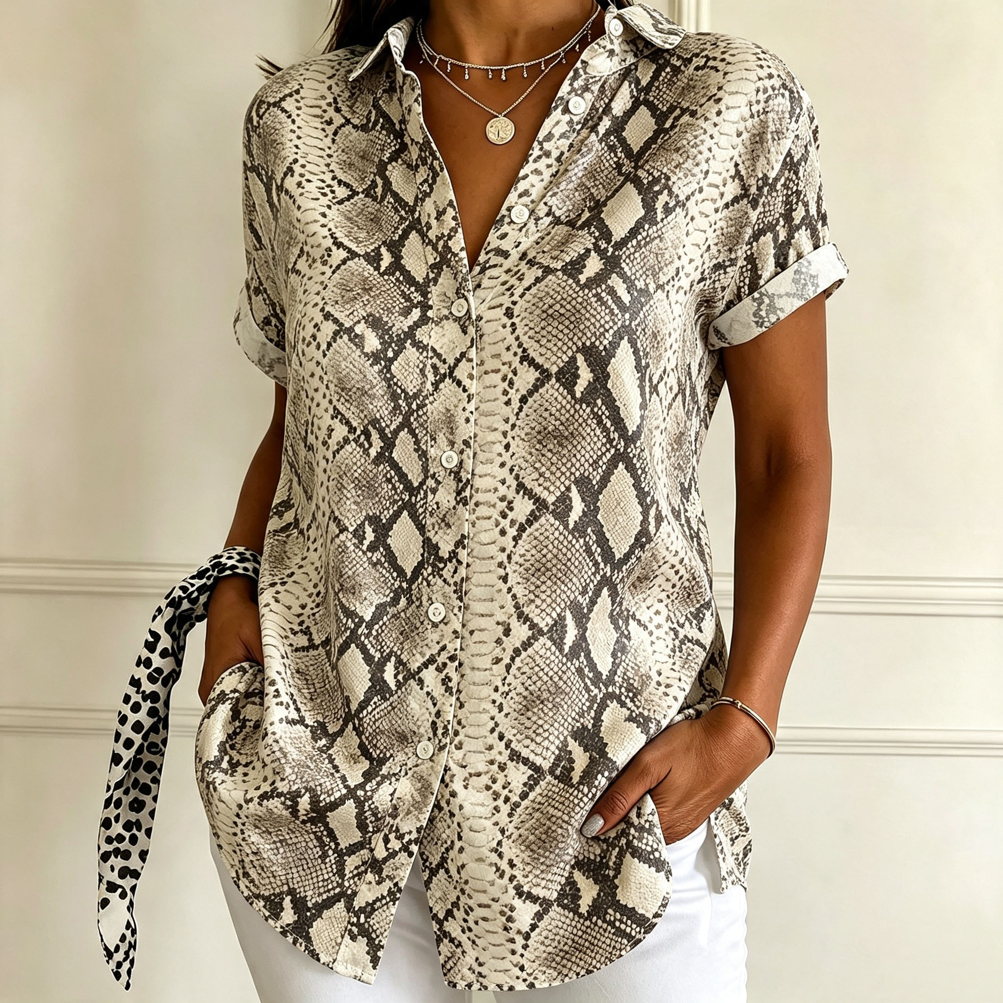 Women's Snake Print Button Down Shirt Short Sleeve Animal Print Blouse Lightweight Polyester Casual Loose Fit Fashion Tops for Vacation Work Daily Wear