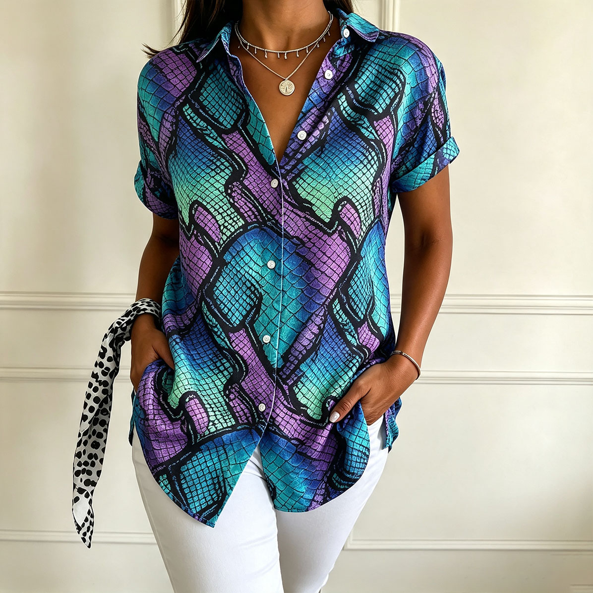 Women's Snake Print Button Down Shirt – Short Sleeve Casual Blouse, Lightweight Polyester Fashion Top  