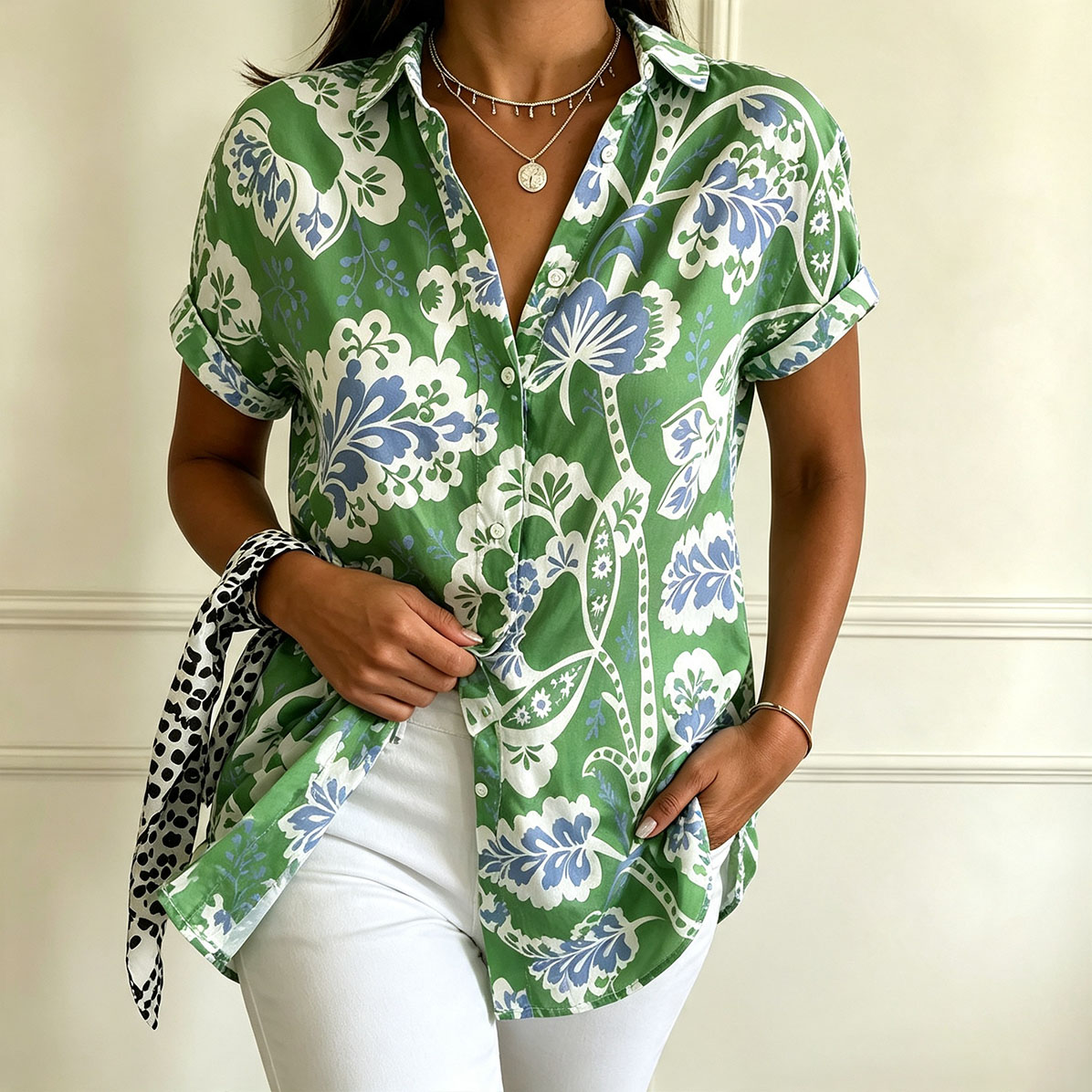Women’s Floral Print Button Down Shirt – Short Sleeve Casual Blouse, Lightweight Summer Top with Botanical Pattern