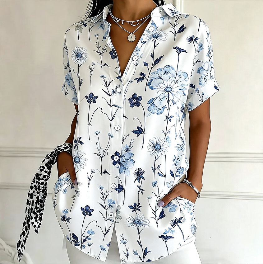 Women's Blue Floral Print Button Down Shirt – Elegant Botanical Short Sleeve Blouse with Lightweight Polyester Fabric