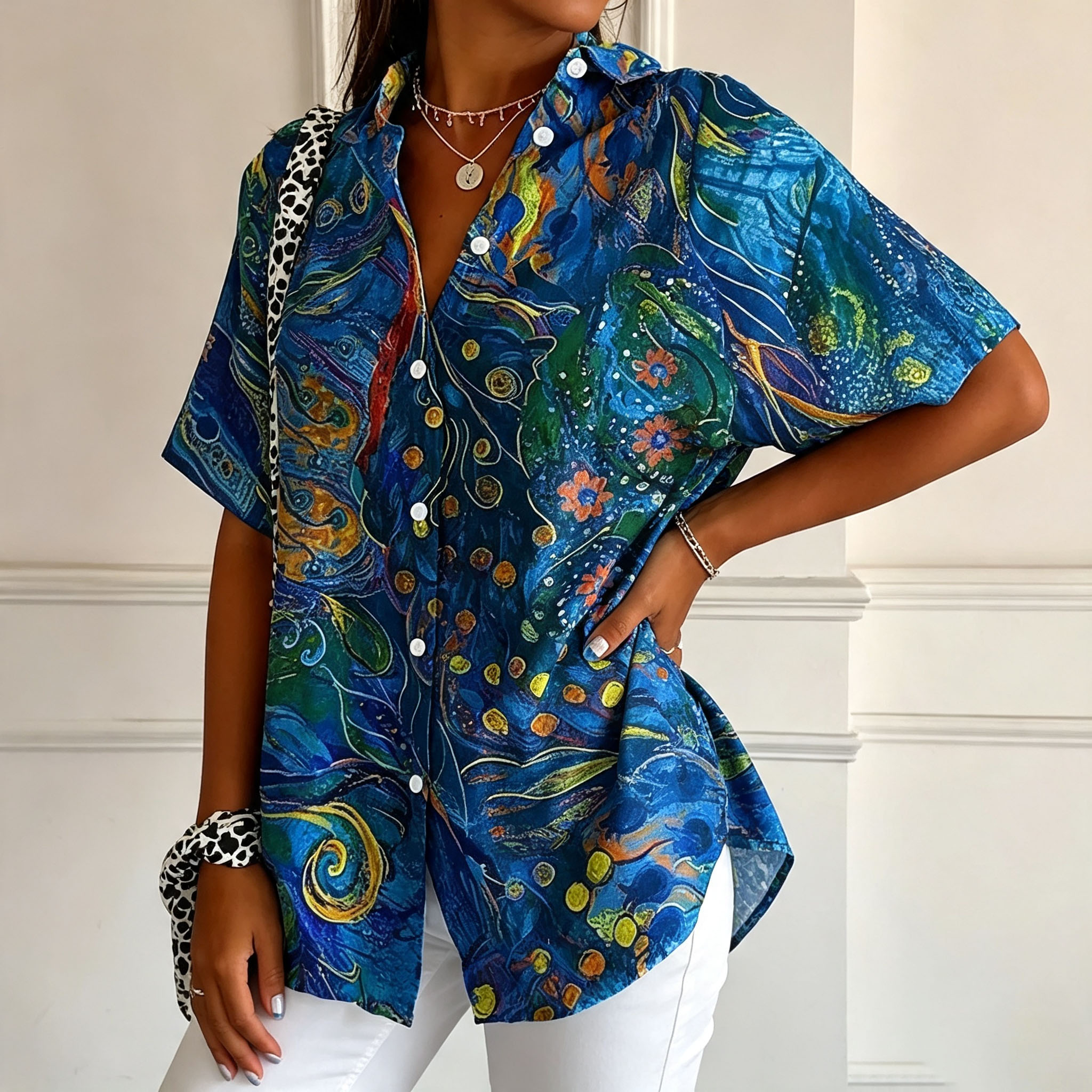 Women’s Bohemian Floral Print Short Sleeve Shirt – Polyester Casual Button-Up Blouse