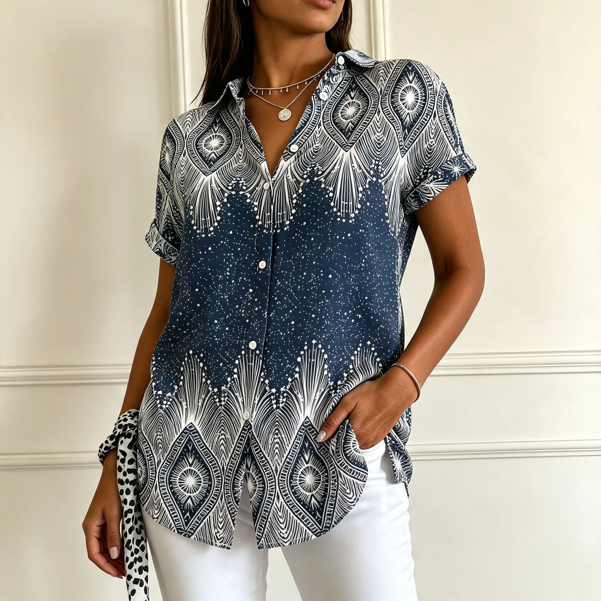    Women's Short Sleeve Button Down Shirt – Elegant Printed Casual Blouse with Soft Polyester Fabric