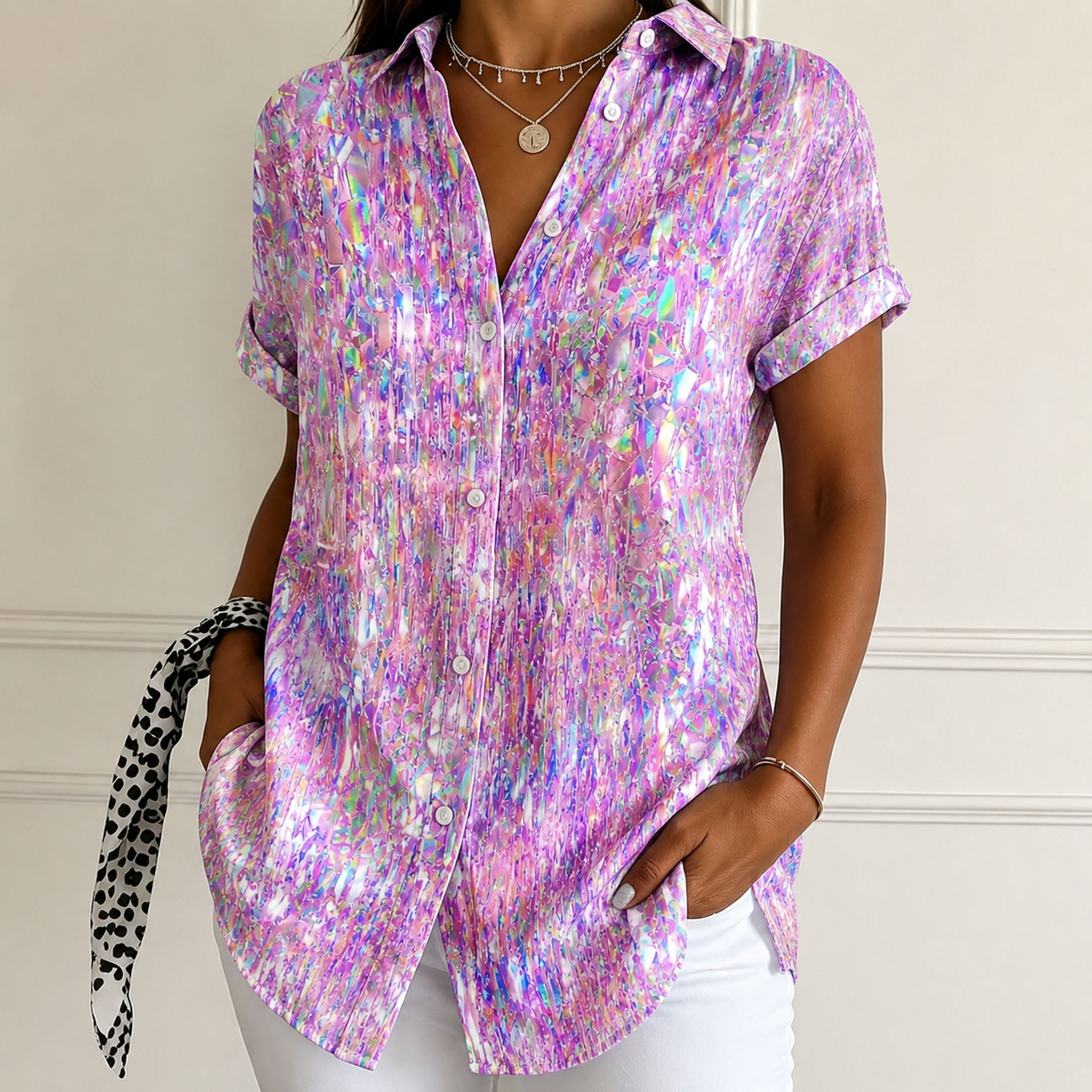 Women’s Short Sleeve Button Down Shirt Casual Loose Fit Blouse Abstract Printed Collared Tops Lightweight Summer Shirt for Women