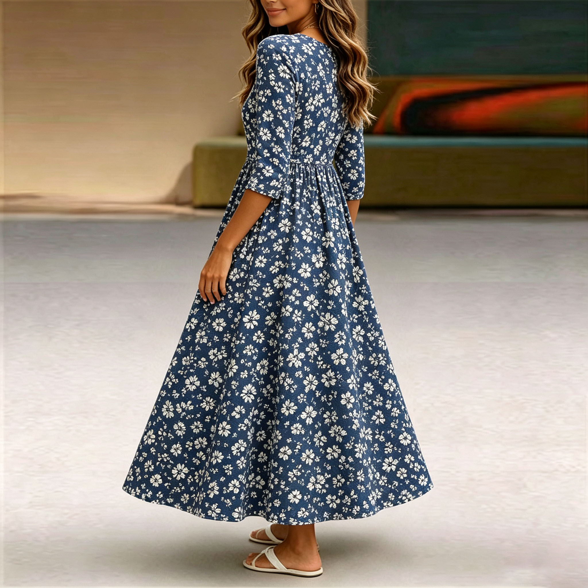 Women’s Floral Maxi Dress, Navy Blue Long Sleeve Dress with White Flower Print, A-Line Swing Casual Dress with Pockets, Elegant Boho Fall Dress for Vacation, Party & Everyday Wear