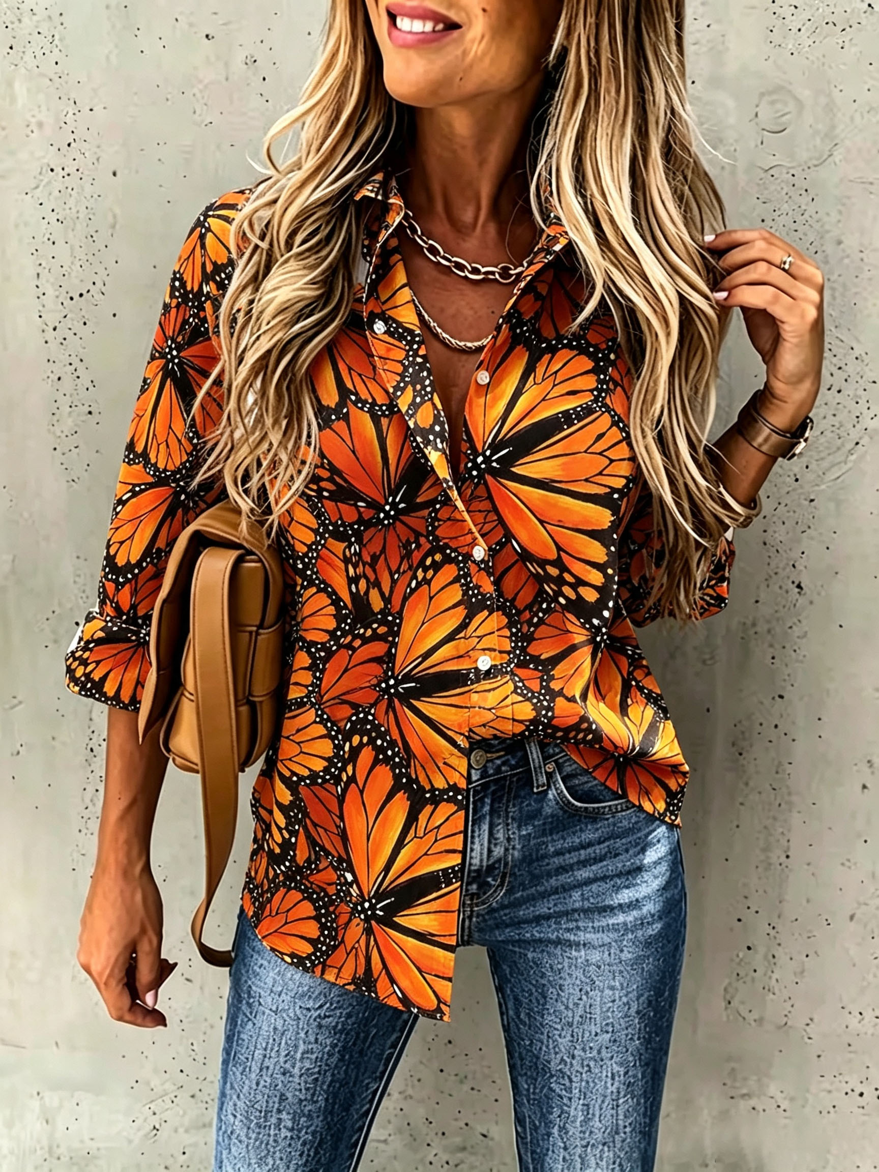Women's Butterfly Print Button Down Shirt Long Sleeve Casual Blouse Colorful Floral Printed Tops Loose Fit Shirt for Spring Summer Fall Fashion-gemscharms