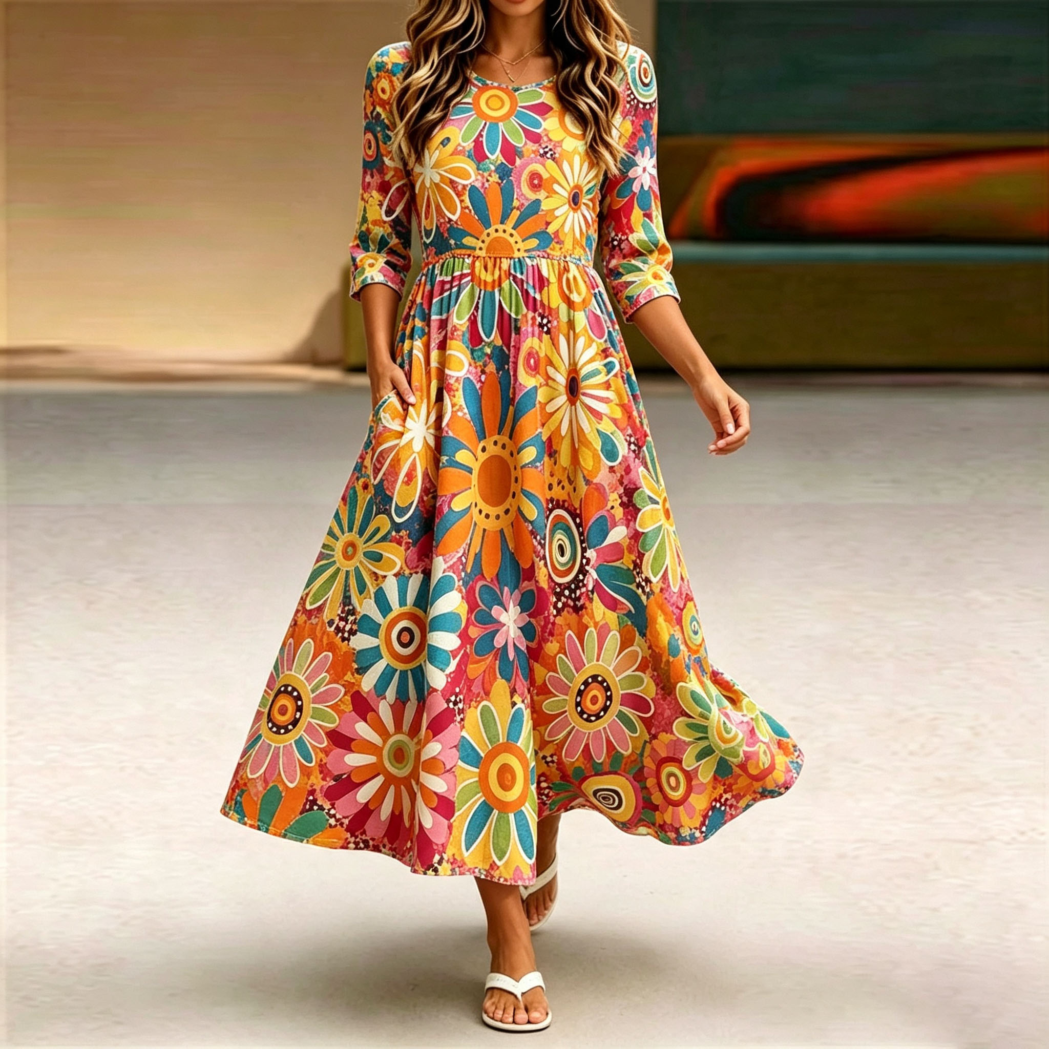 Women's Floral Print Midi Maxi Dress 5/8 Sleeve Casual A Line Dress Round Neck High Waist Swing Dress Colorful Boho Summer Dress