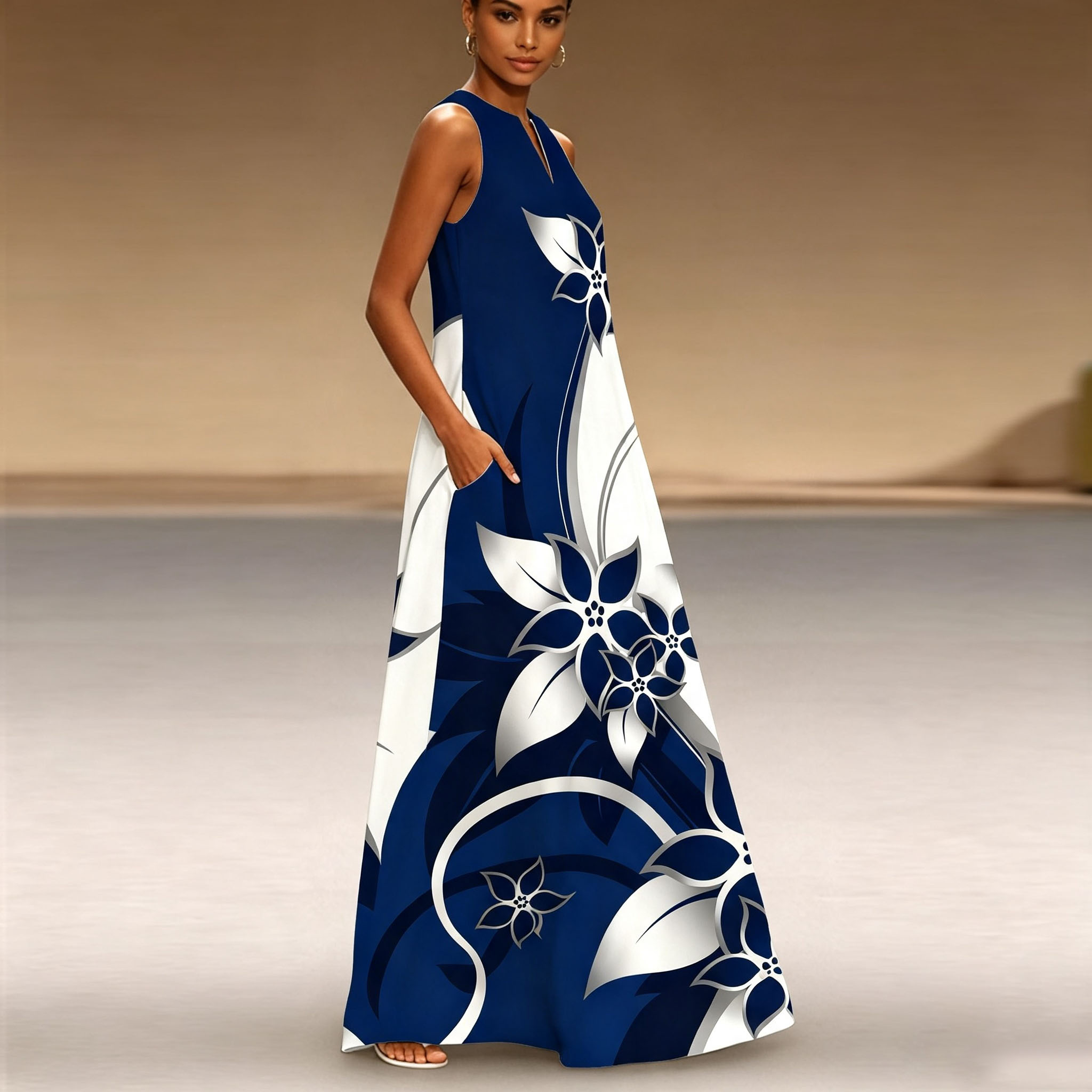 Women's Elegant Blue Floral Print Maxi Dress – Sleeveless Summer Casual Dress with Flowing A-Line Silhouette