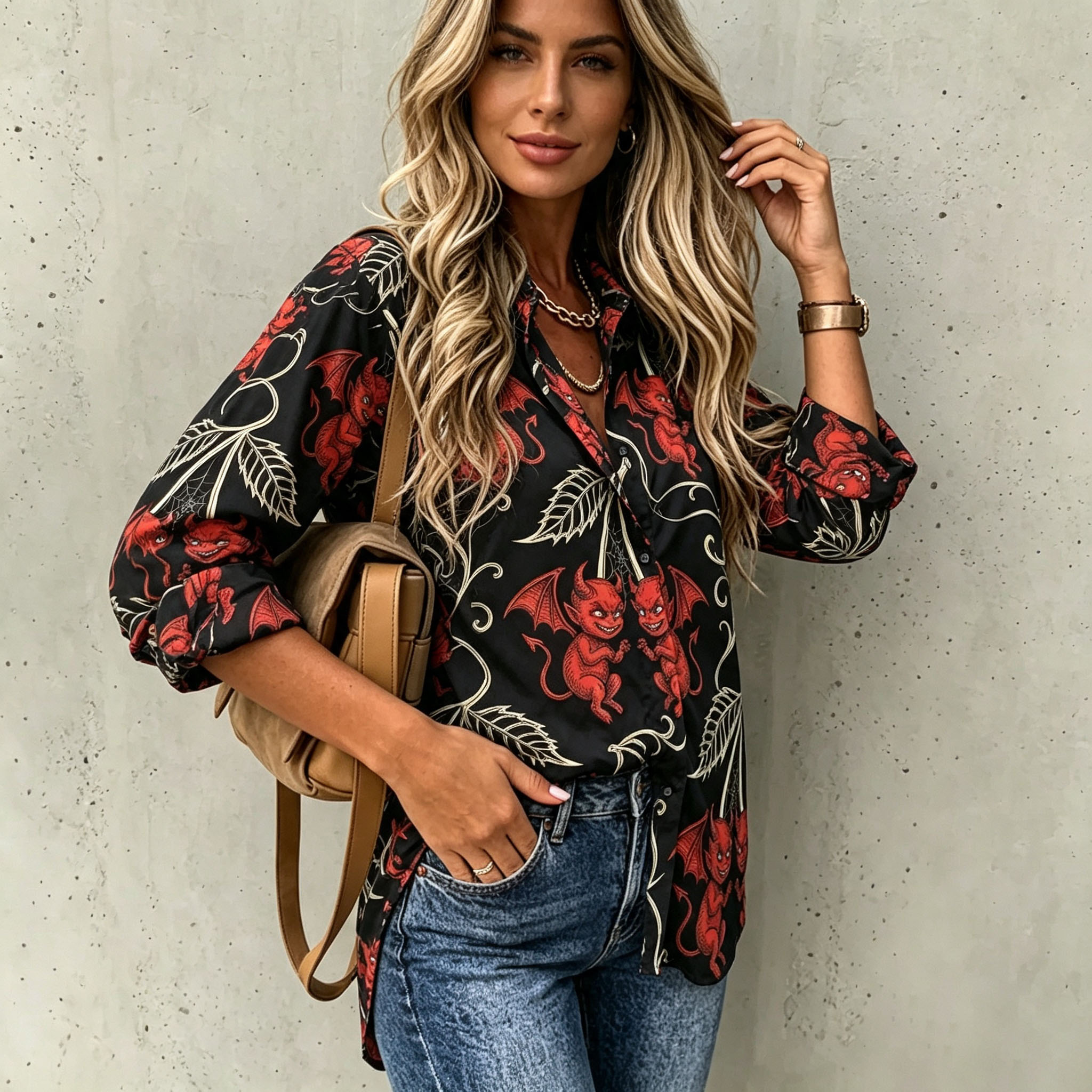 Women's Halloween Devil Print Button Down Shirt – Long Sleeve Gothic Blouse with Red Demon Pattern and Casual Loose Fit