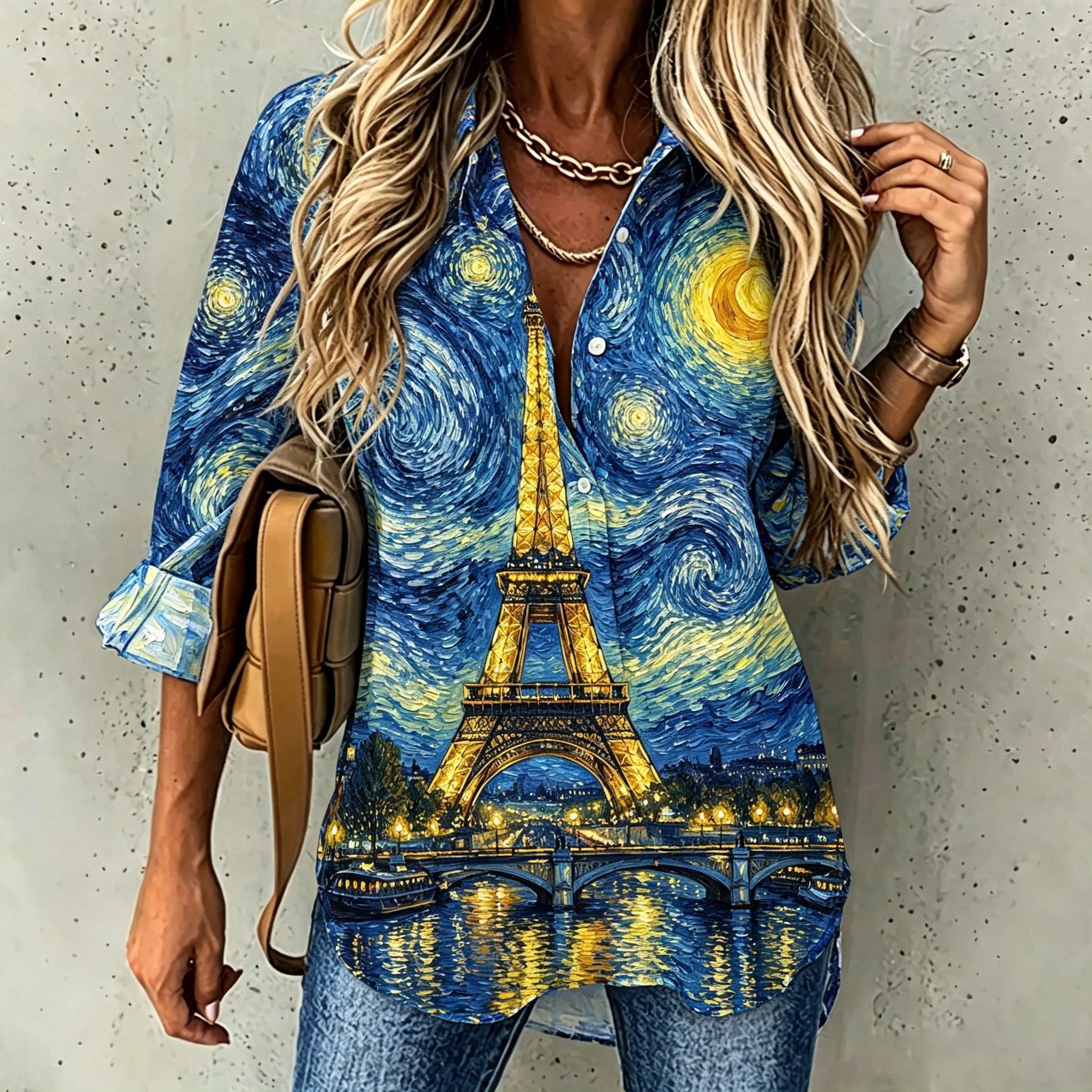 Women's Starry Night Eiffel Tower Print Button Down Shirt – Long Sleeve Artistic Blouse with Paris Night Landscape Design and Relaxed Fit-gemscharms