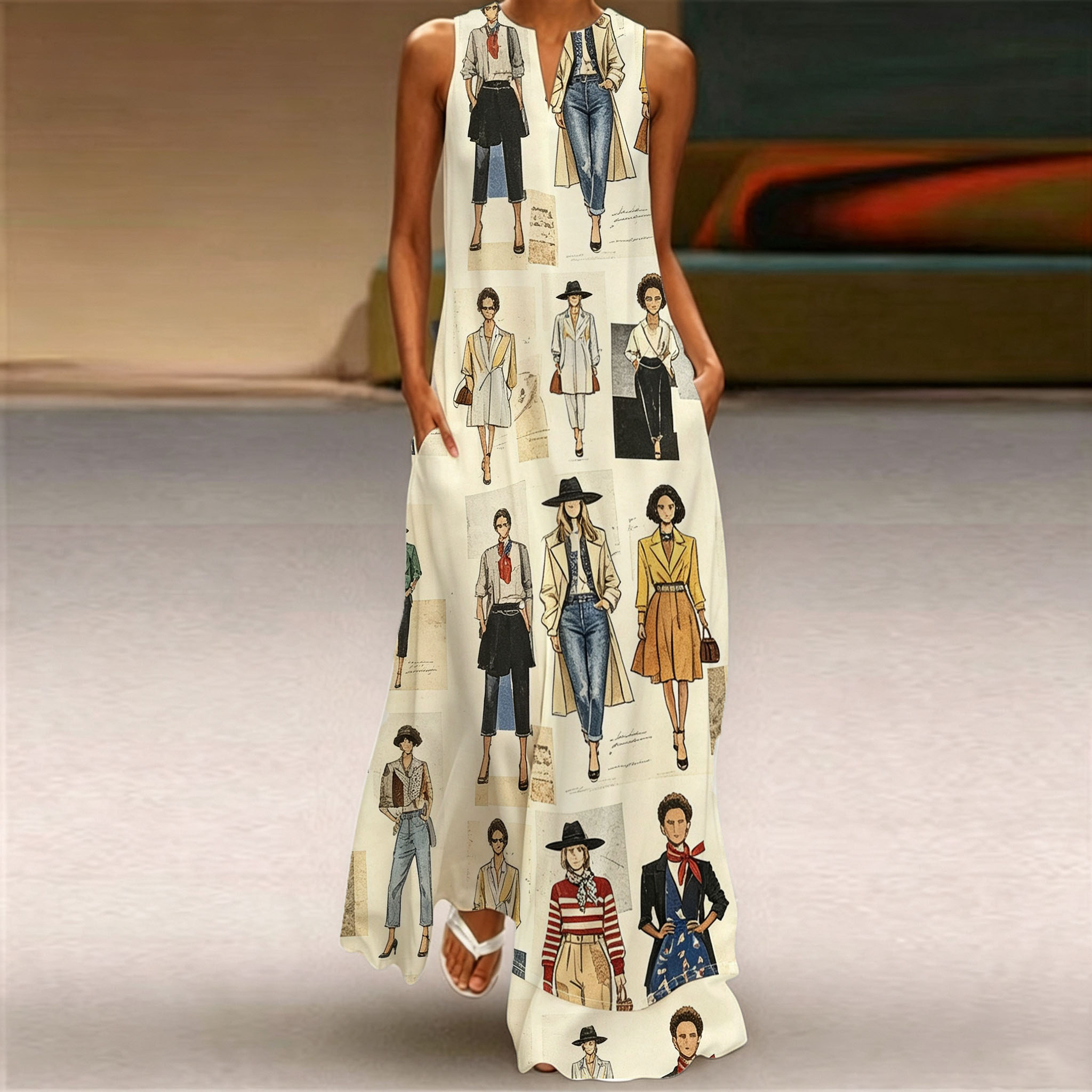 Women’s Fashion Illustration Print Sleeveless Dress, Casual Loose Fit Long Dress with Pockets, Vintage Artistic Pattern Summer Dress for Beach, Vacation and Everyday Wear