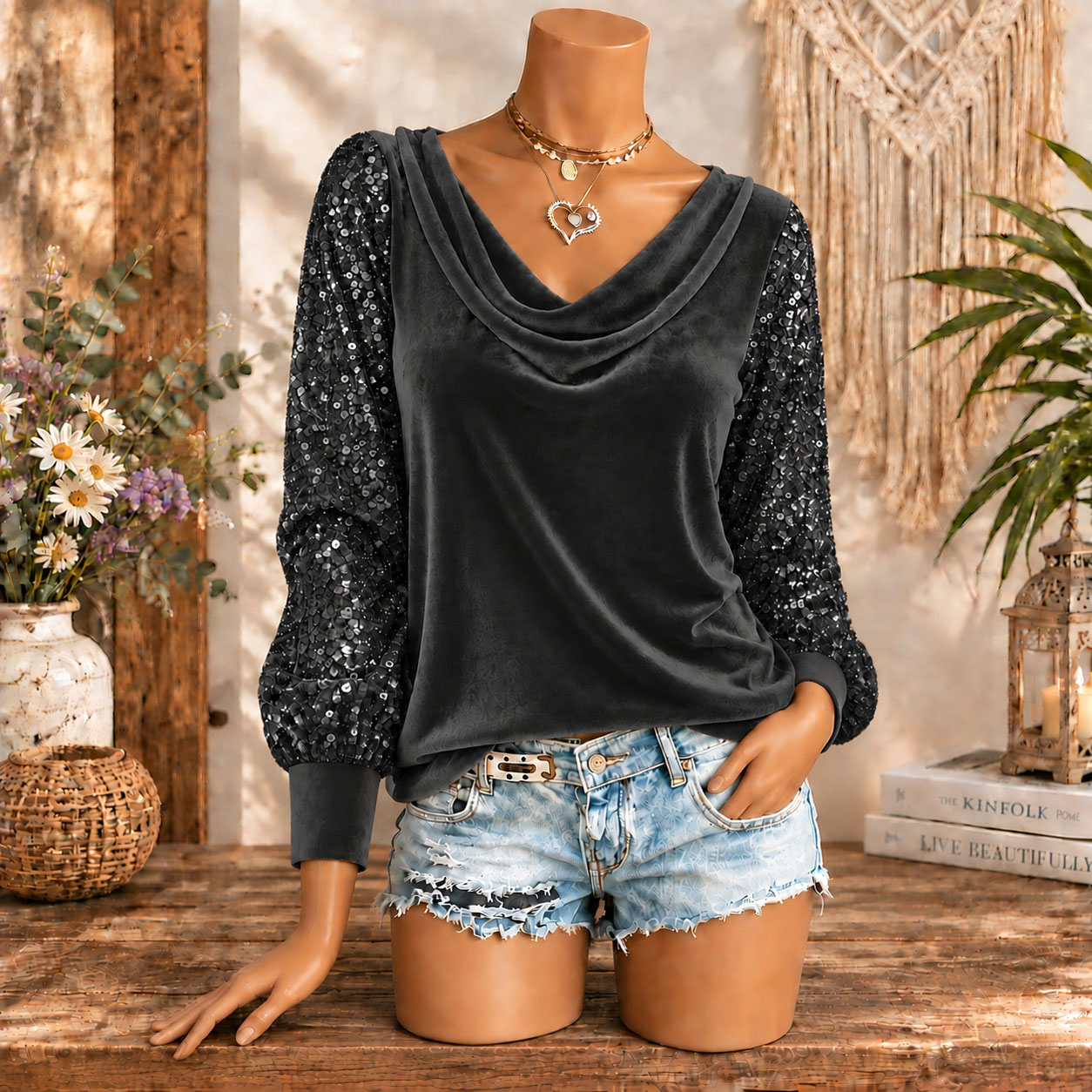 Women’s Velvet Cowl Neck Long Sleeve Top with Sequin Sleeves