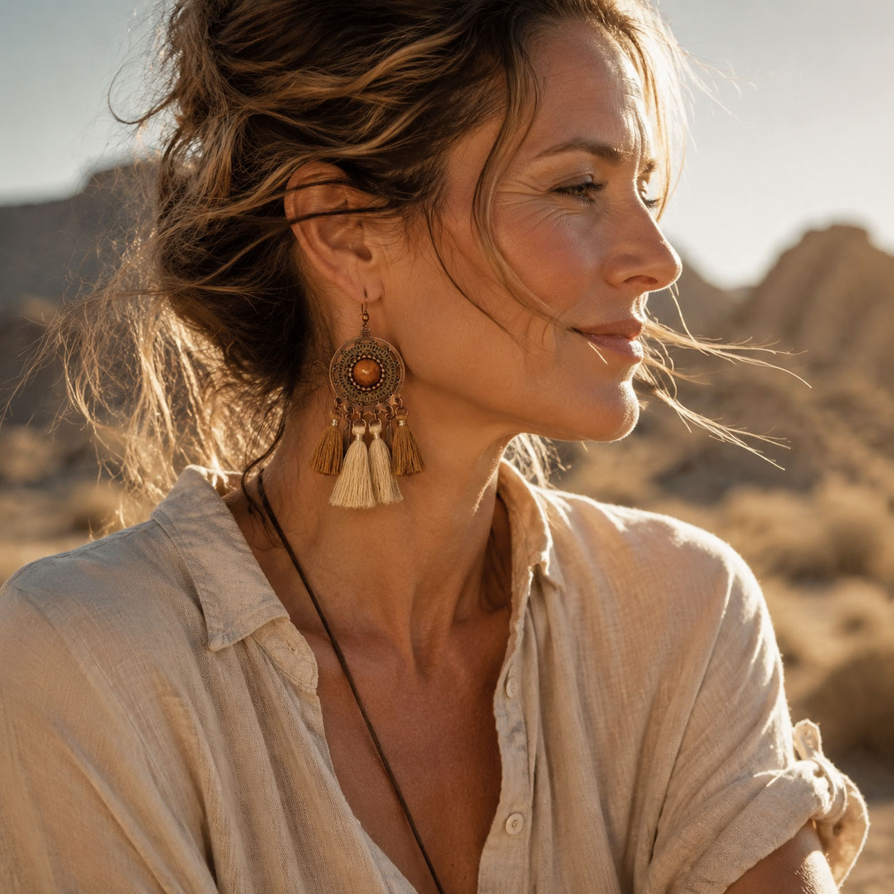 Vintage Boho Dual-Tone Round Filigree Dangle Earrings, Antique Copper Inlaid Faux Tiger Eye Stone with Mixed Khaki Cotton Tassel Fringe Drop Earrings, Ethnic Western Hippie Statement Jewelry for Women Beach Festival Gift