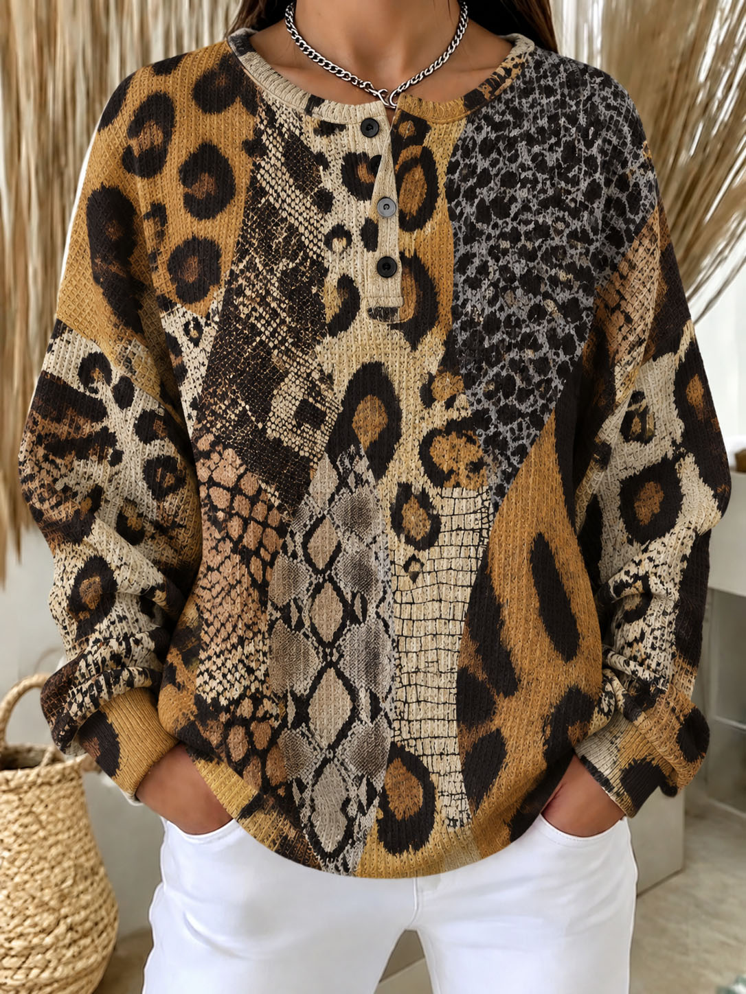 Women Waffle Knit Henley Sweatshirt, Mixed Leopard Snake Animal Print Long Sleeve Loose Fit Pullover Tops Fall Casual Blouse