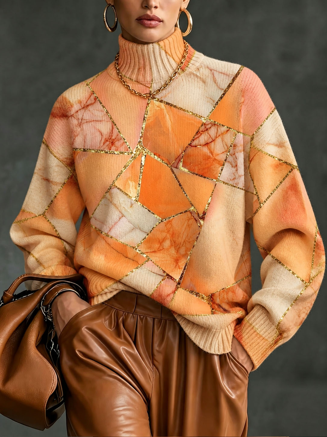 Women's Turtleneck Knit Sweater Orange Marble Geometric Gold Line Print Long Sleeve Casual Loose Oversized Pullover Tops  >