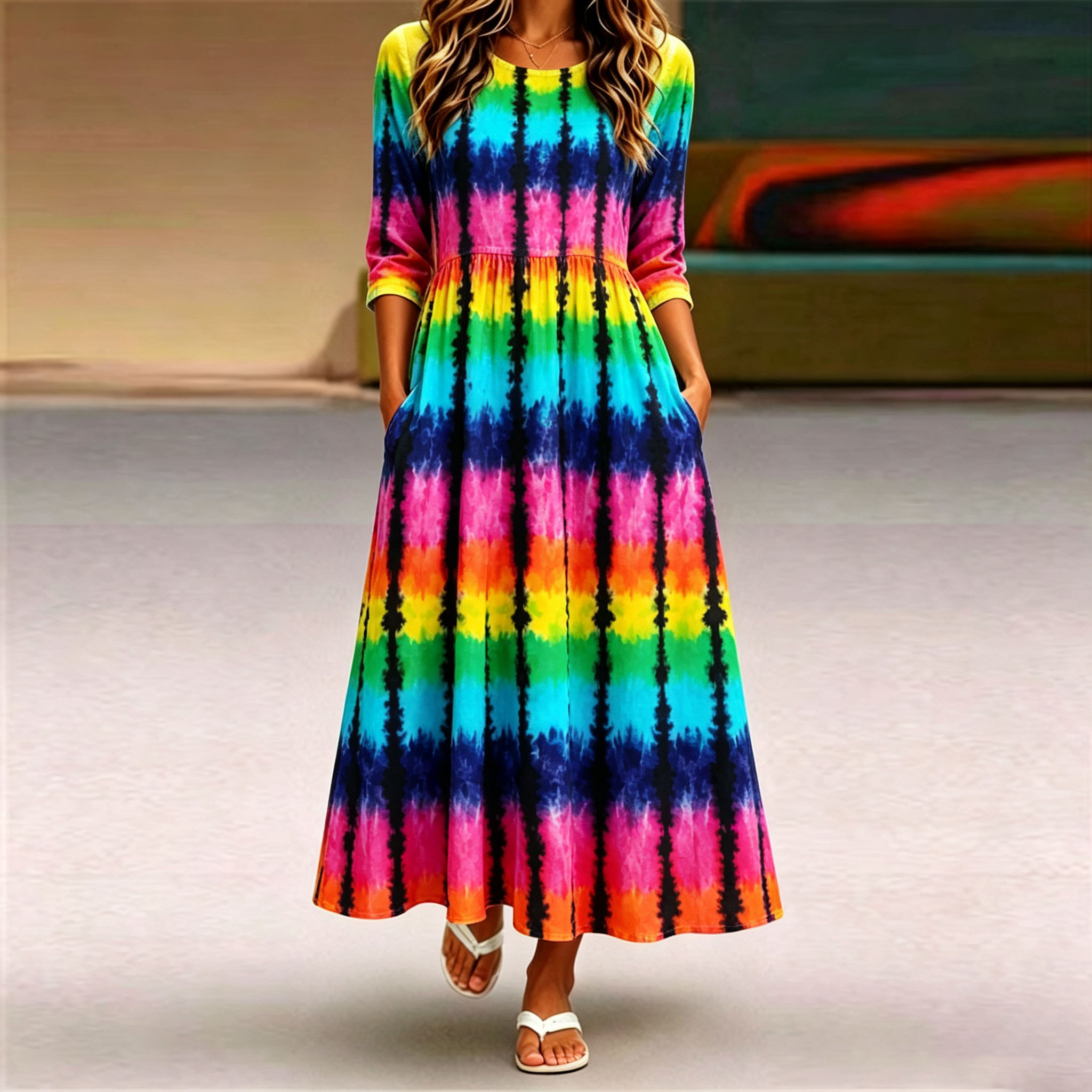 Women’s Rainbow Tie Dye Print Maxi Dress – 3/4 Sleeve Casual Loose Fit Long Dress with Pockets