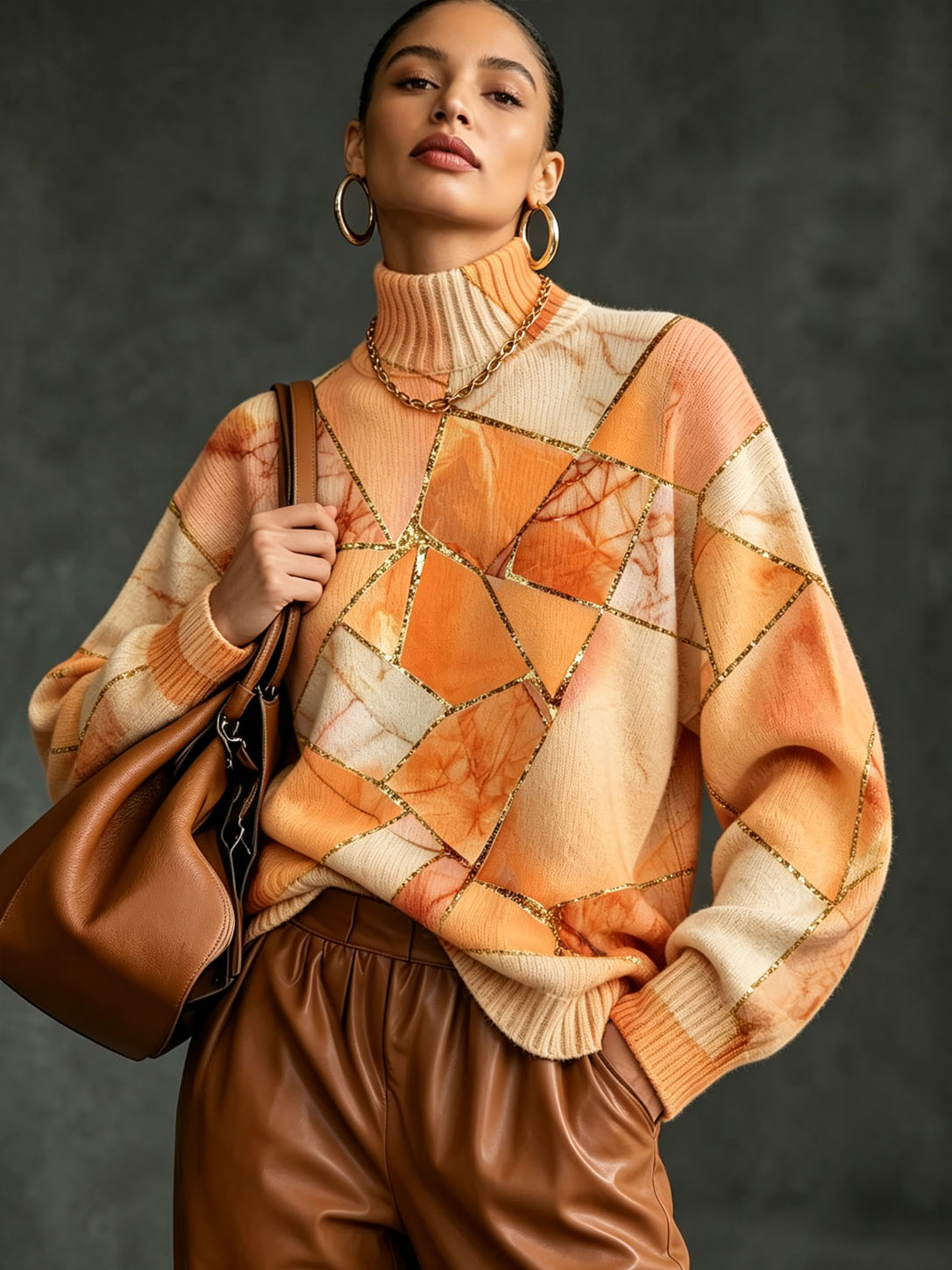 Women's Turtleneck Knit Sweater Orange Marble Geometric Gold Line Print Long Sleeve Casual Loose Oversized Pullover Tops  >