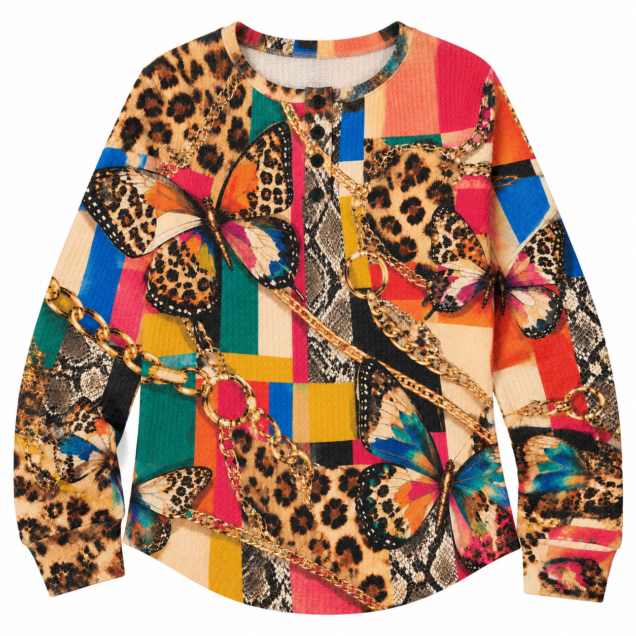 Women Waffle Knit Henley Sweatshirt, Butterfly Leopard Chain Colorful Block Print Long Sleeve Loose Pullover Top
