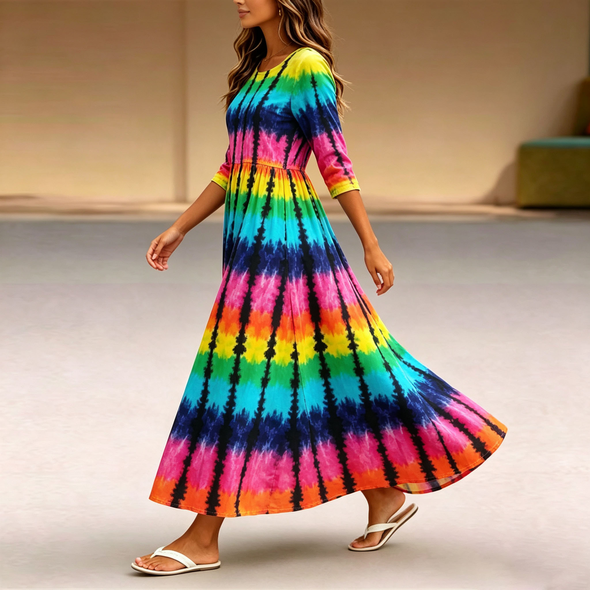 Women’s Rainbow Tie Dye Print Maxi Dress – 3/4 Sleeve Casual Loose Fit Long Dress with Pockets