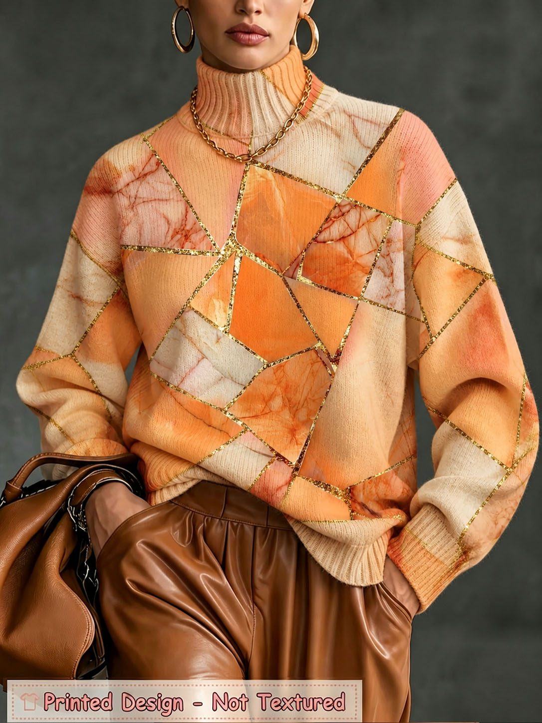 Women's Turtleneck Knit Sweater Orange Marble Geometric Gold Line Print Long Sleeve Casual Loose Oversized Pullover Tops  >
