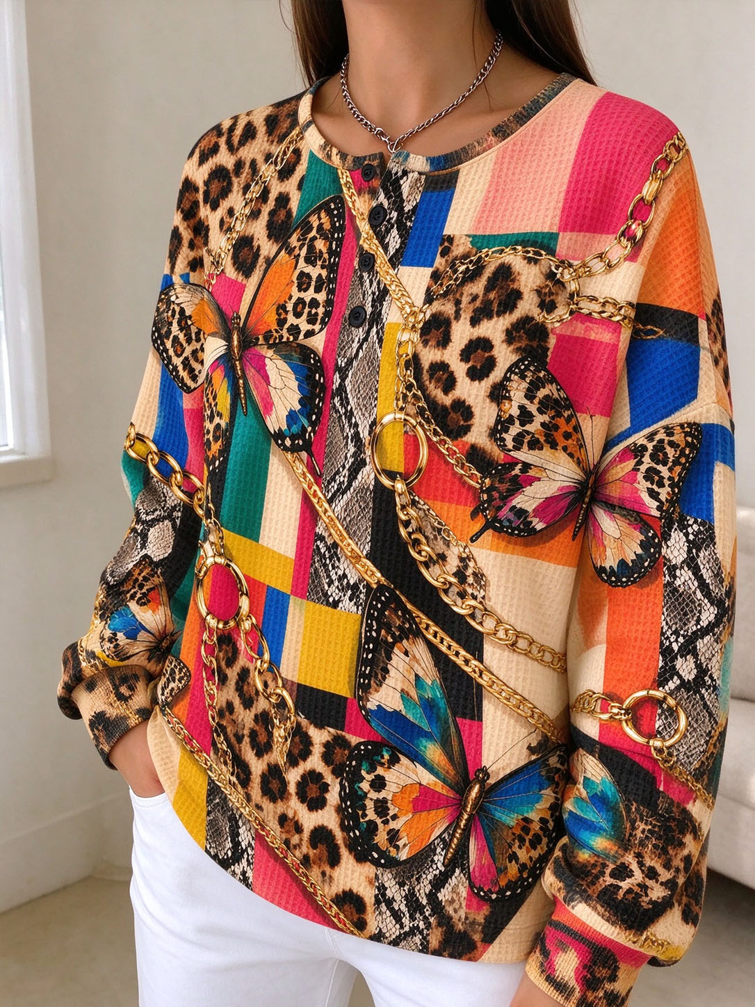 Women Waffle Knit Henley Sweatshirt, Butterfly Leopard Chain Colorful Block Print Long Sleeve Loose Pullover Top