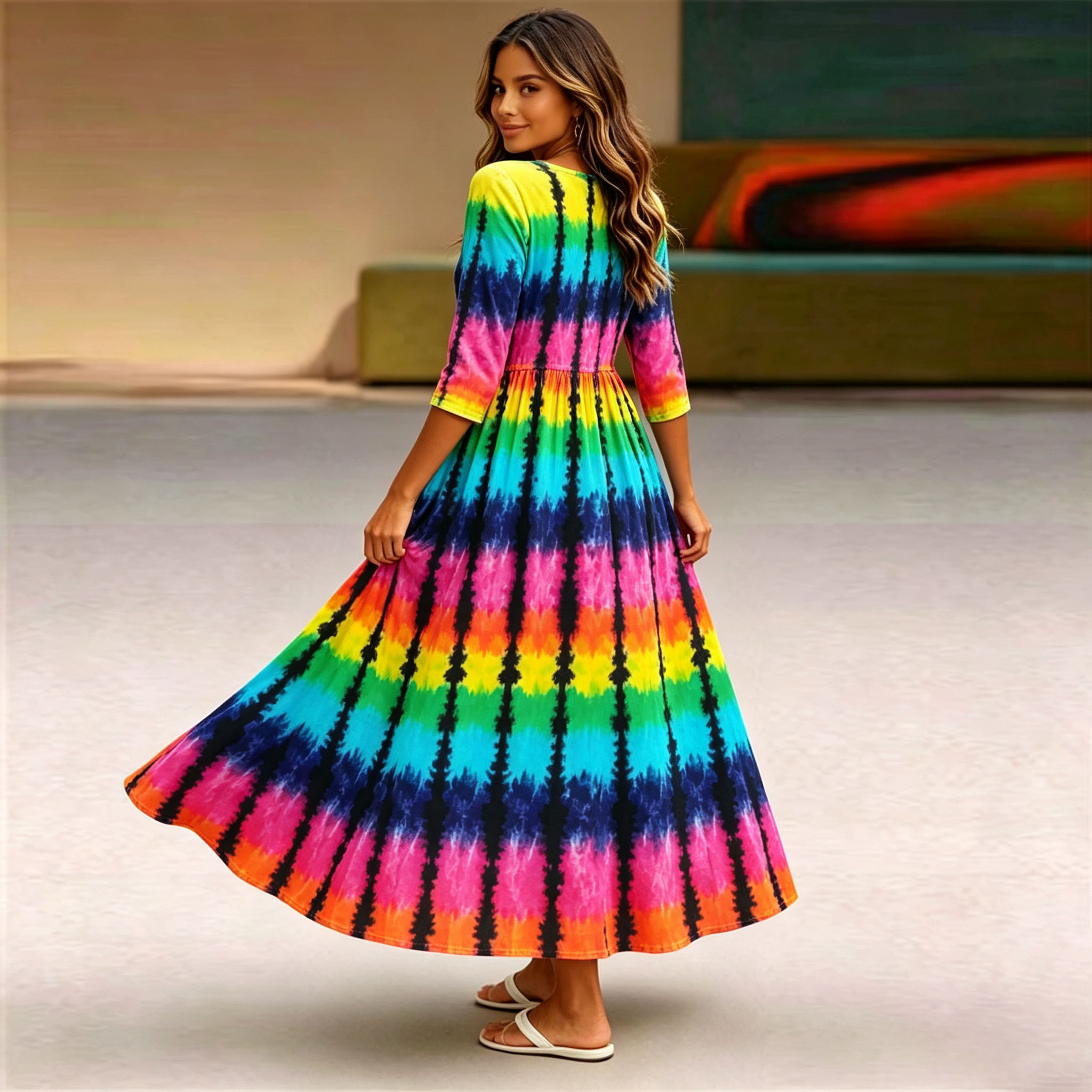 Women’s Rainbow Tie Dye Print Maxi Dress – 3/4 Sleeve Casual Loose Fit Long Dress with Pockets