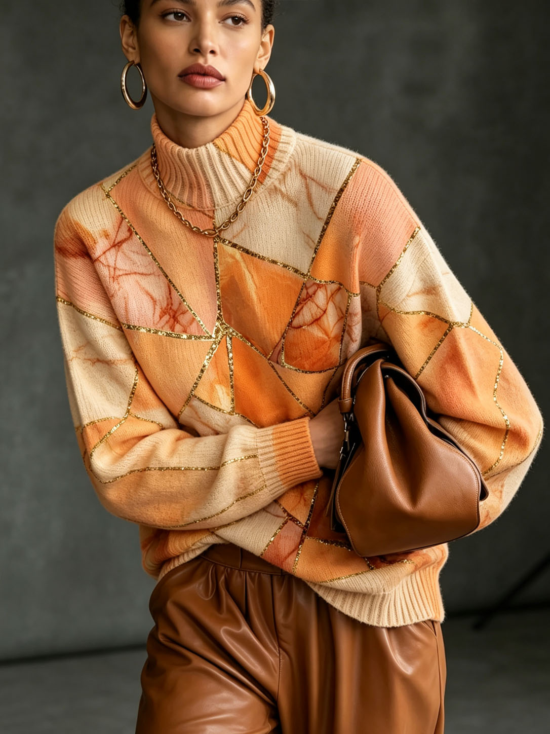 Women's Turtleneck Knit Sweater Orange Marble Geometric Gold Line Print Long Sleeve Casual Loose Oversized Pullover Tops  >
