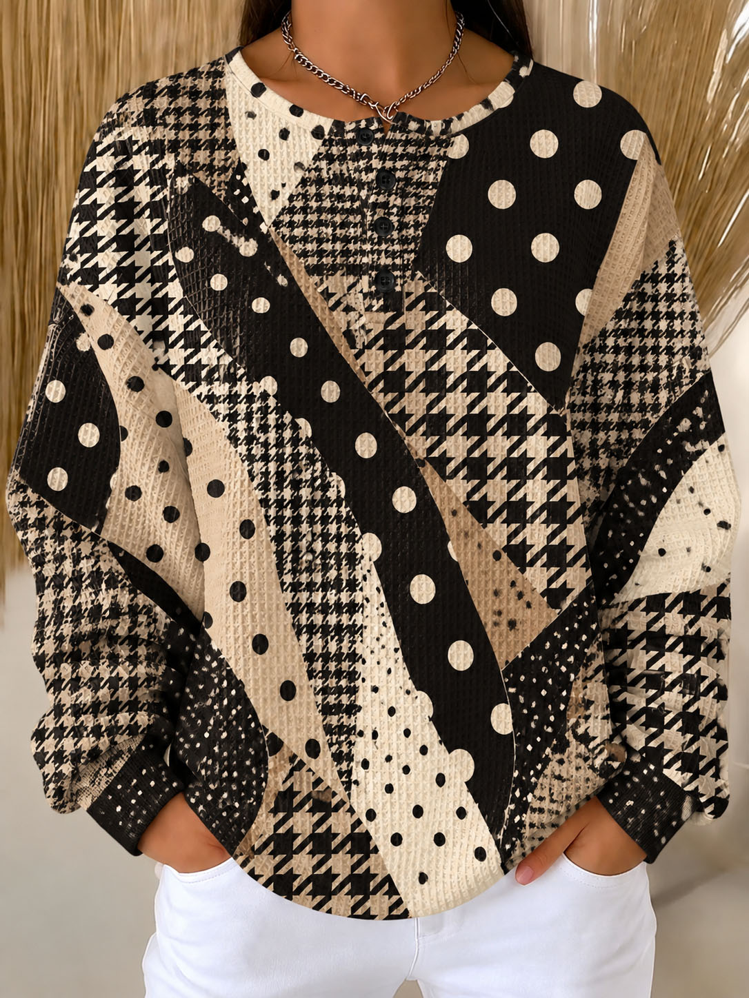 Women Waffle Knit Henley Sweatshirt, Houndstooth Polka Dot Mixed Print Long Sleeve Loose Fit Pullover Tops Fall Casual Blouse