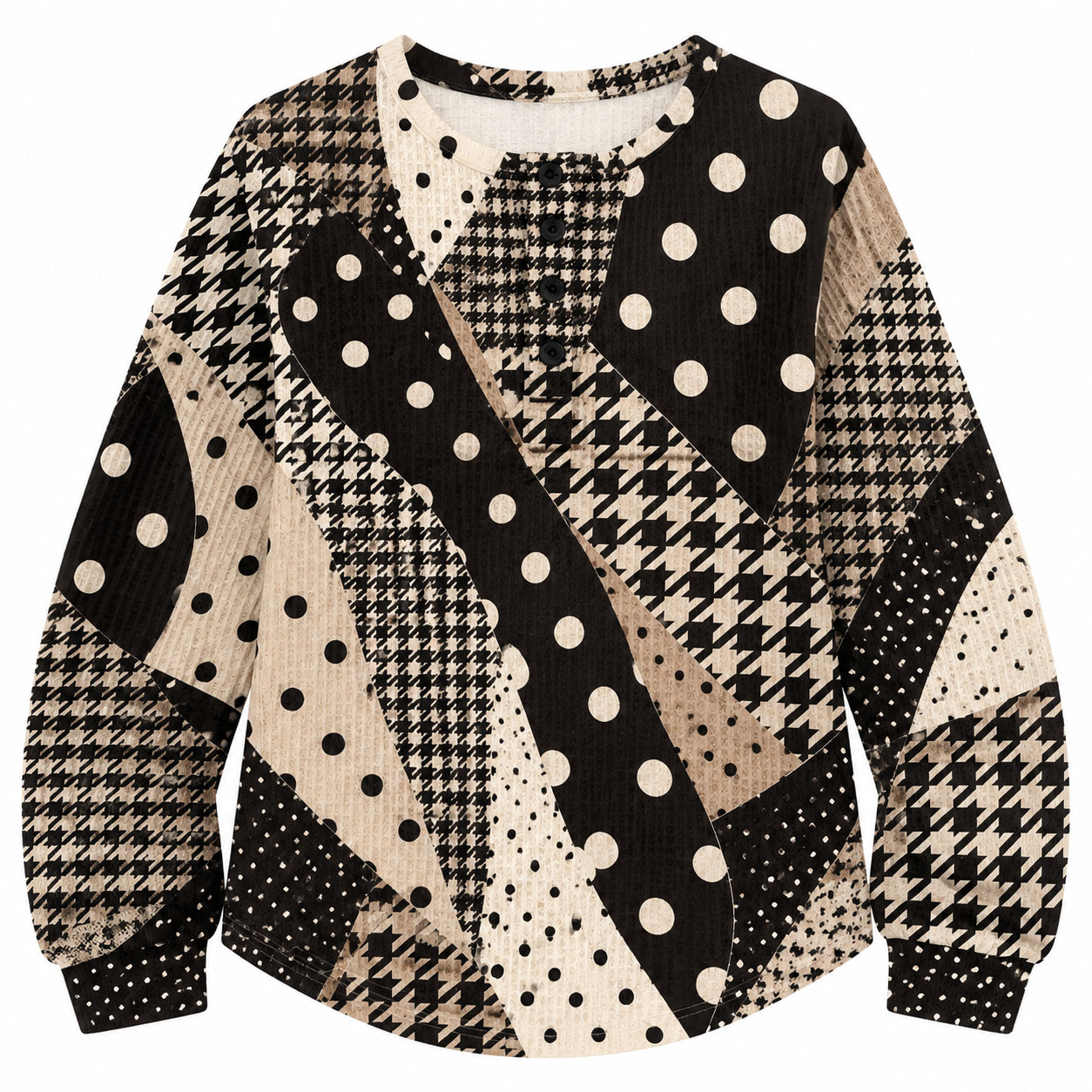 Women Waffle Knit Henley Sweatshirt, Houndstooth Polka Dot Mixed Print Long Sleeve Loose Fit Pullover Tops Fall Casual Blouse