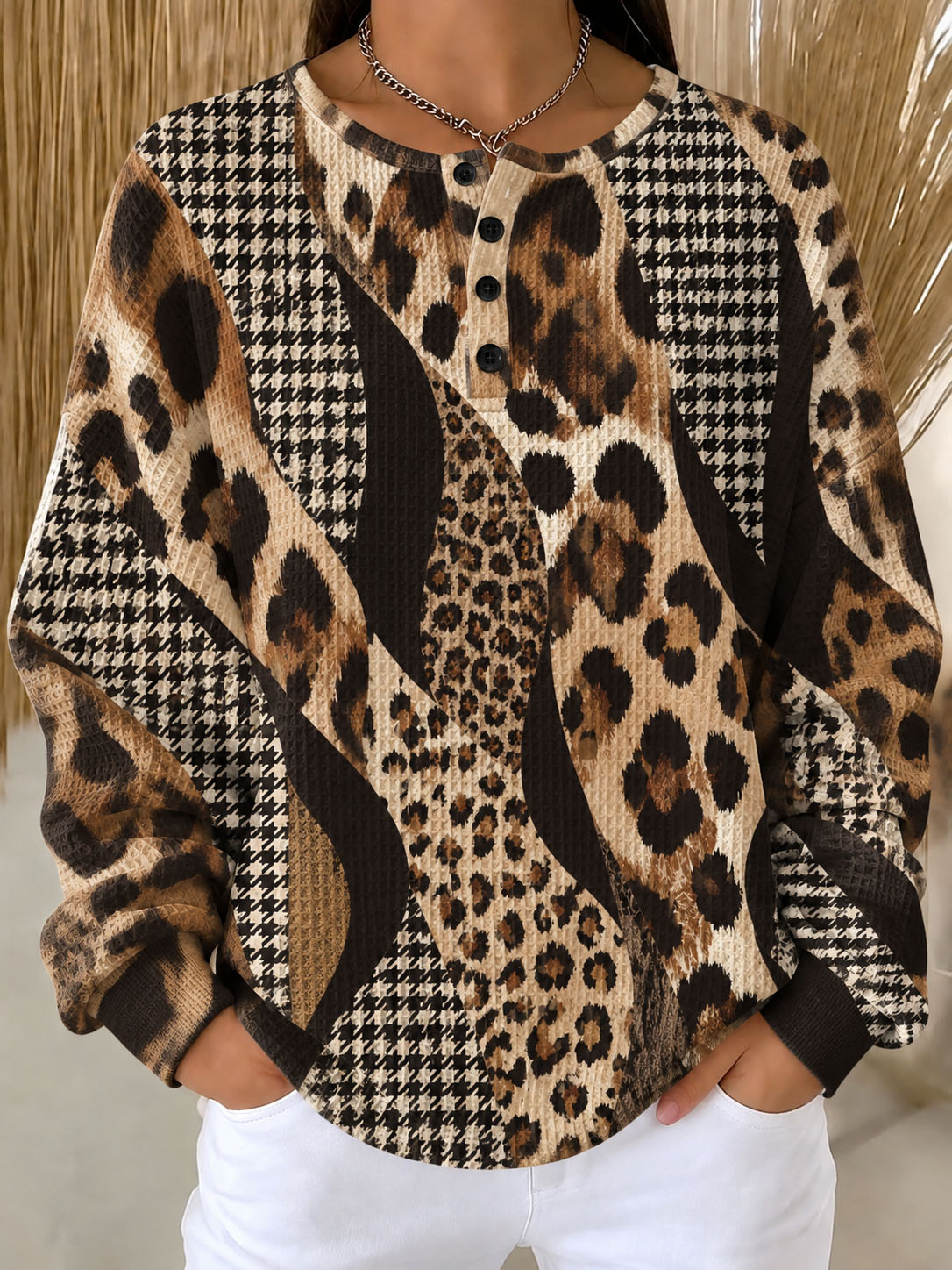 Women Waffle Knit Henley Sweatshirt, Leopard Houndstooth Mixed Print Long Sleeve Loose Fit Pullover Tops Fall Casual Blouse