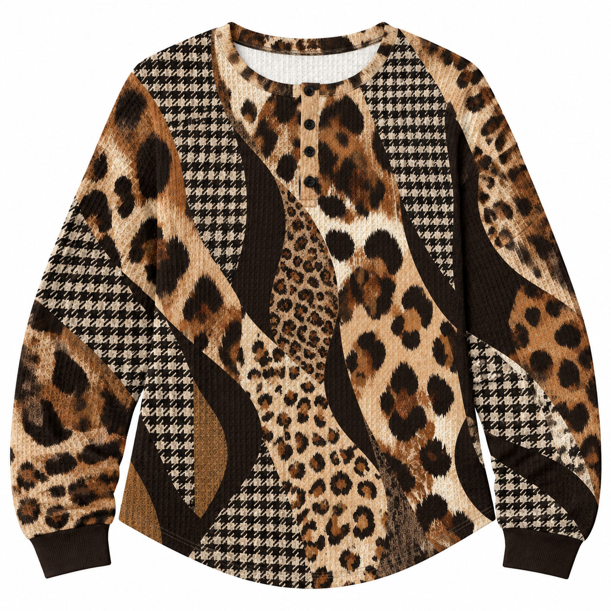 Women Waffle Knit Henley Sweatshirt, Leopard Houndstooth Mixed Print Long Sleeve Loose Fit Pullover Tops Fall Casual Blouse