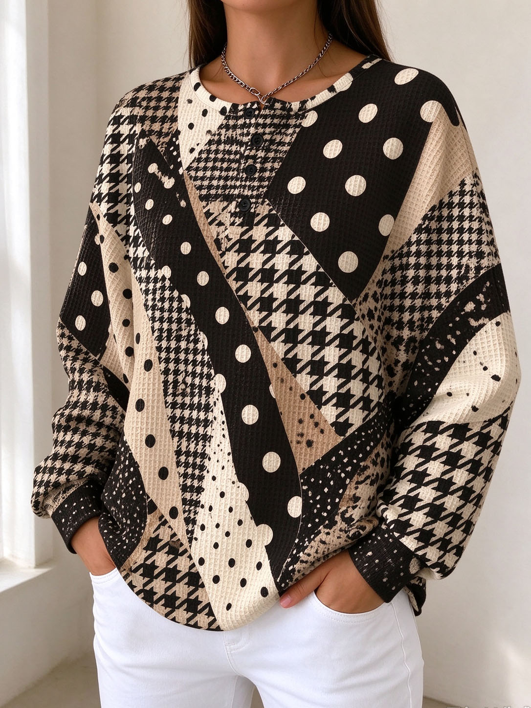 Women Waffle Knit Henley Sweatshirt, Houndstooth Polka Dot Mixed Print Long Sleeve Loose Fit Pullover Tops Fall Casual Blouse