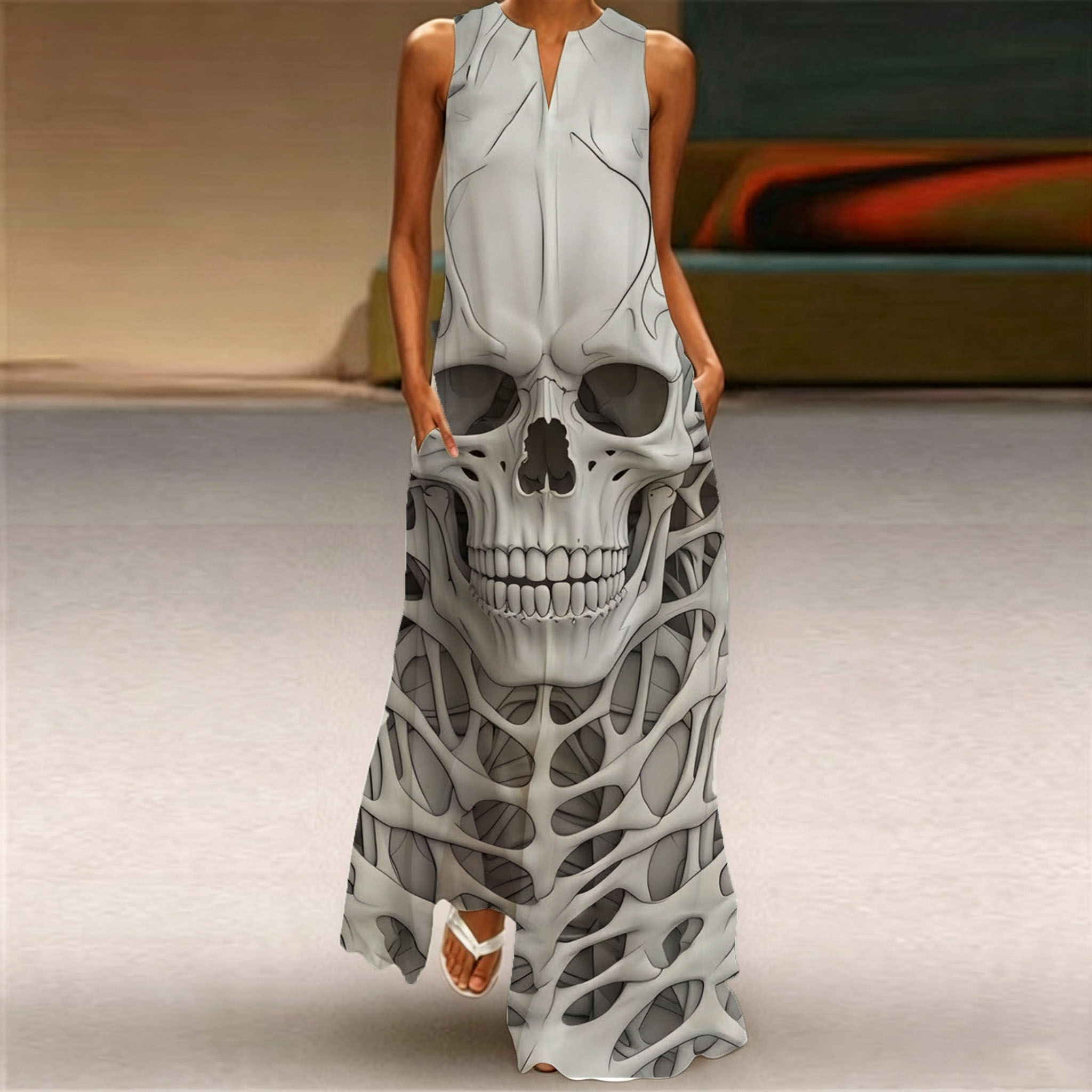 Women Sleeveless Notch V‑Neck Maxi Dress, 3D Skull Skeleton Print Loose Flowy Long Halloween Dress With Side Pockets