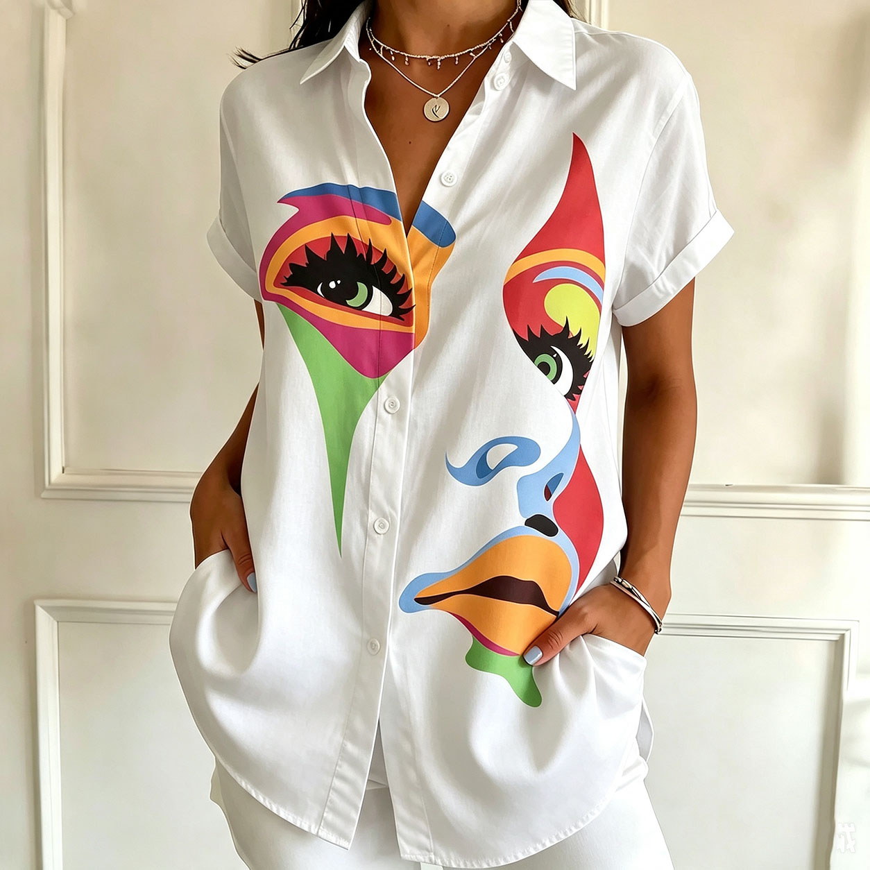 Women’s Abstract Graphic Print Button Down Shirt – Casual Short Sleeve Loose Fit Blouse with Artistic Design