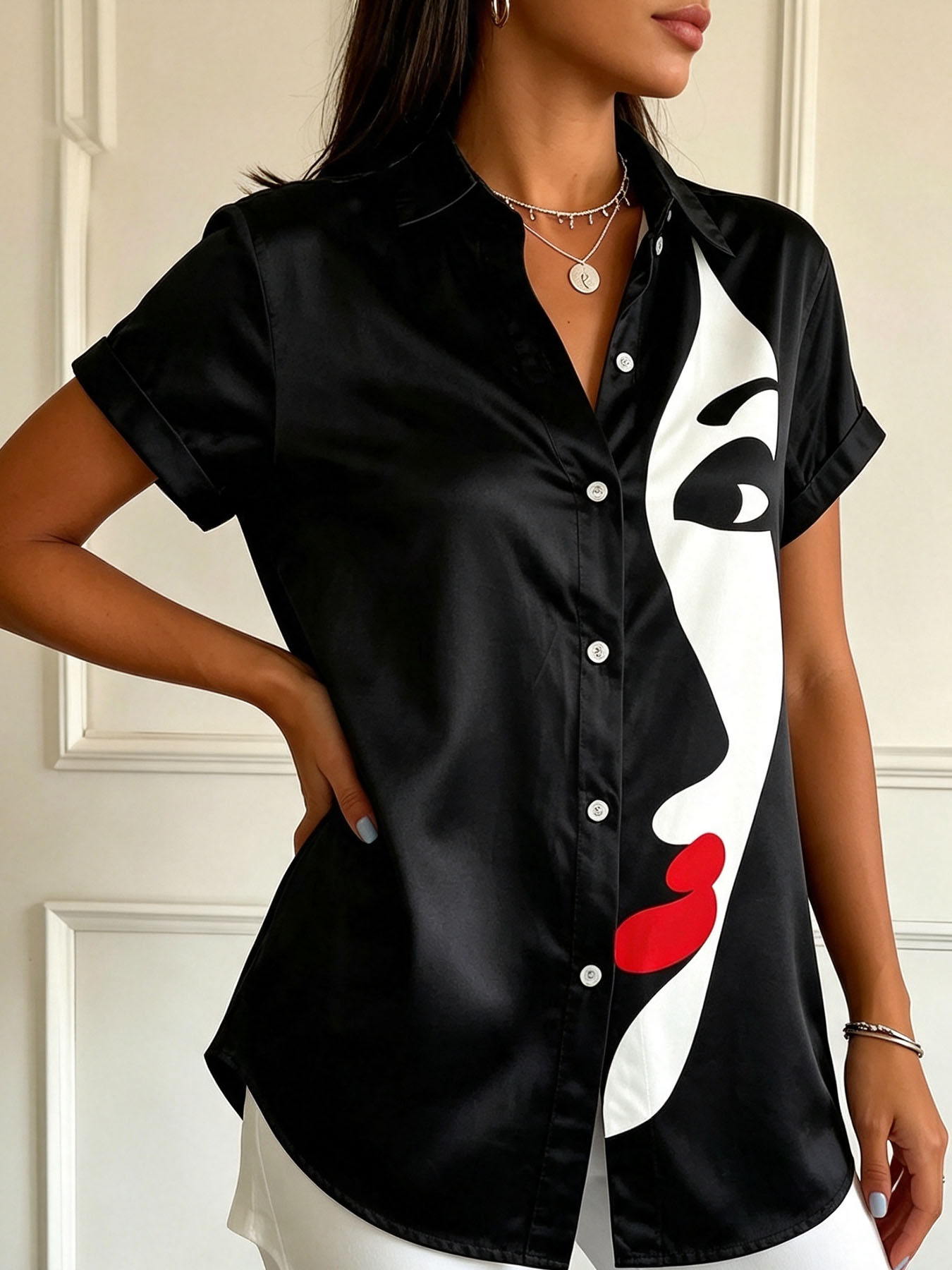 Women's Short Sleeve Button Down Shirt – Elegant Abstract Print Blouse with Collared Neck, Lightweight Polyester Casual Top