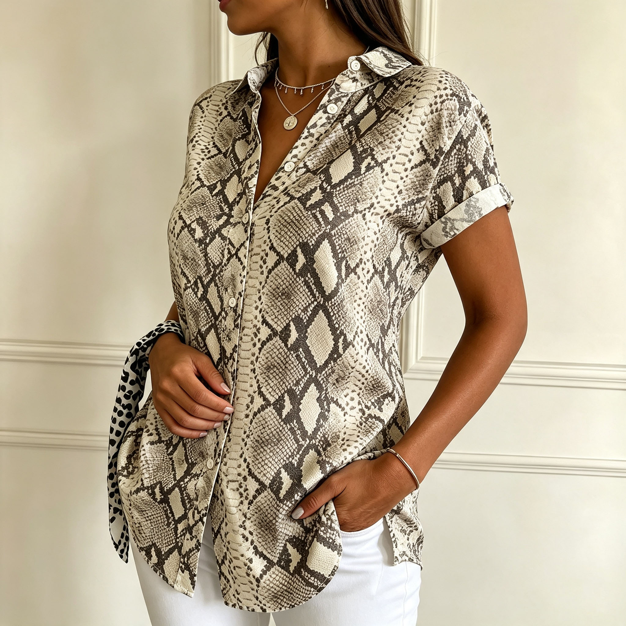 Women's Snake Print Button Down Shirt Short Sleeve Animal Print Blouse Lightweight Polyester Casual Loose Fit Fashion Tops for Vacation Work Daily Wear