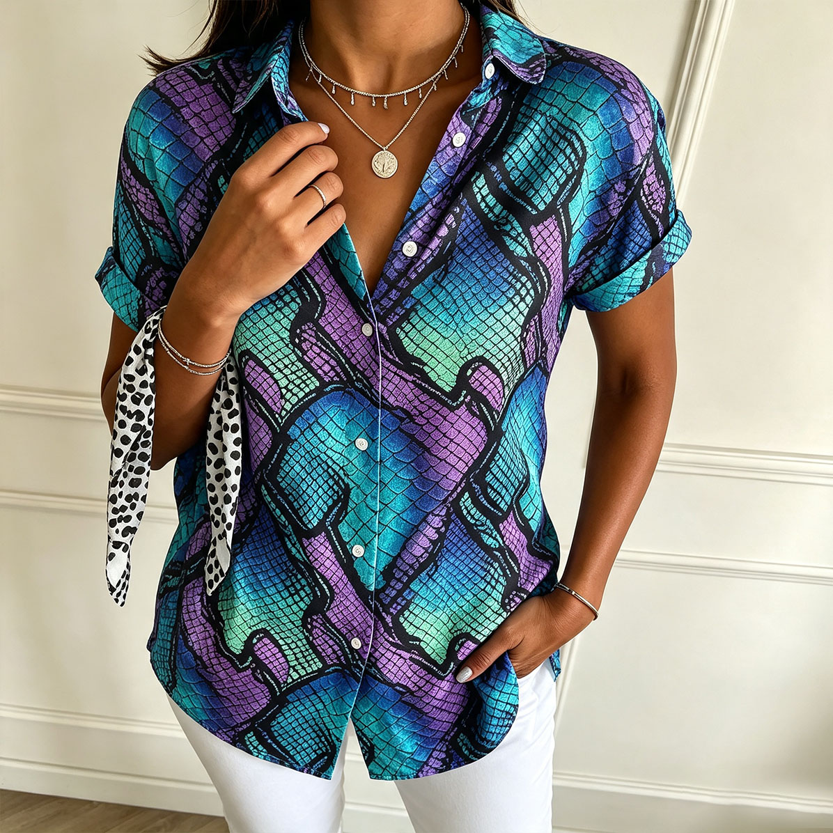 Women's Snake Print Button Down Shirt – Short Sleeve Casual Blouse, Lightweight Polyester Fashion Top  