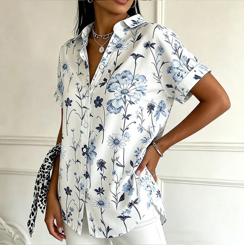 Women's Blue Floral Print Button Down Shirt – Elegant Botanical Short Sleeve Blouse with Lightweight Polyester Fabric