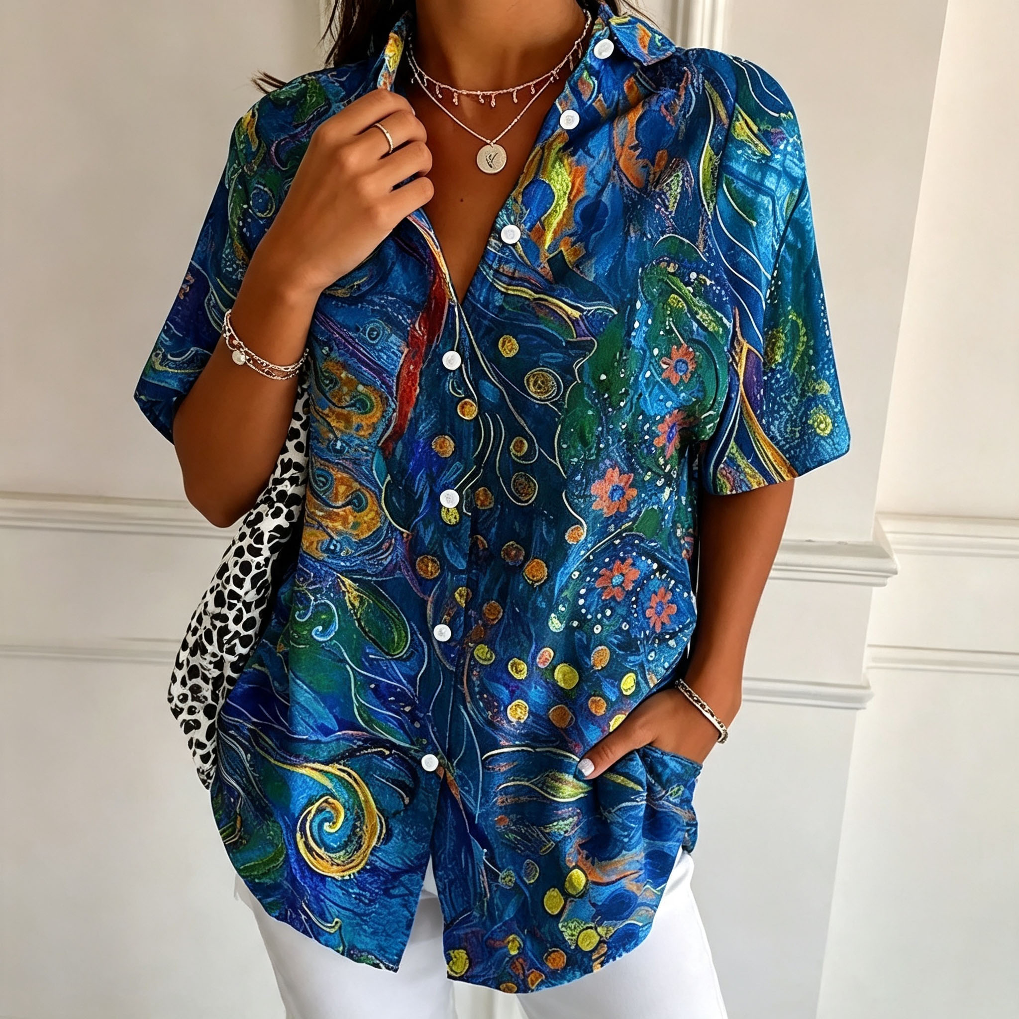 Women’s Bohemian Floral Print Short Sleeve Shirt – Polyester Casual Button-Up Blouse