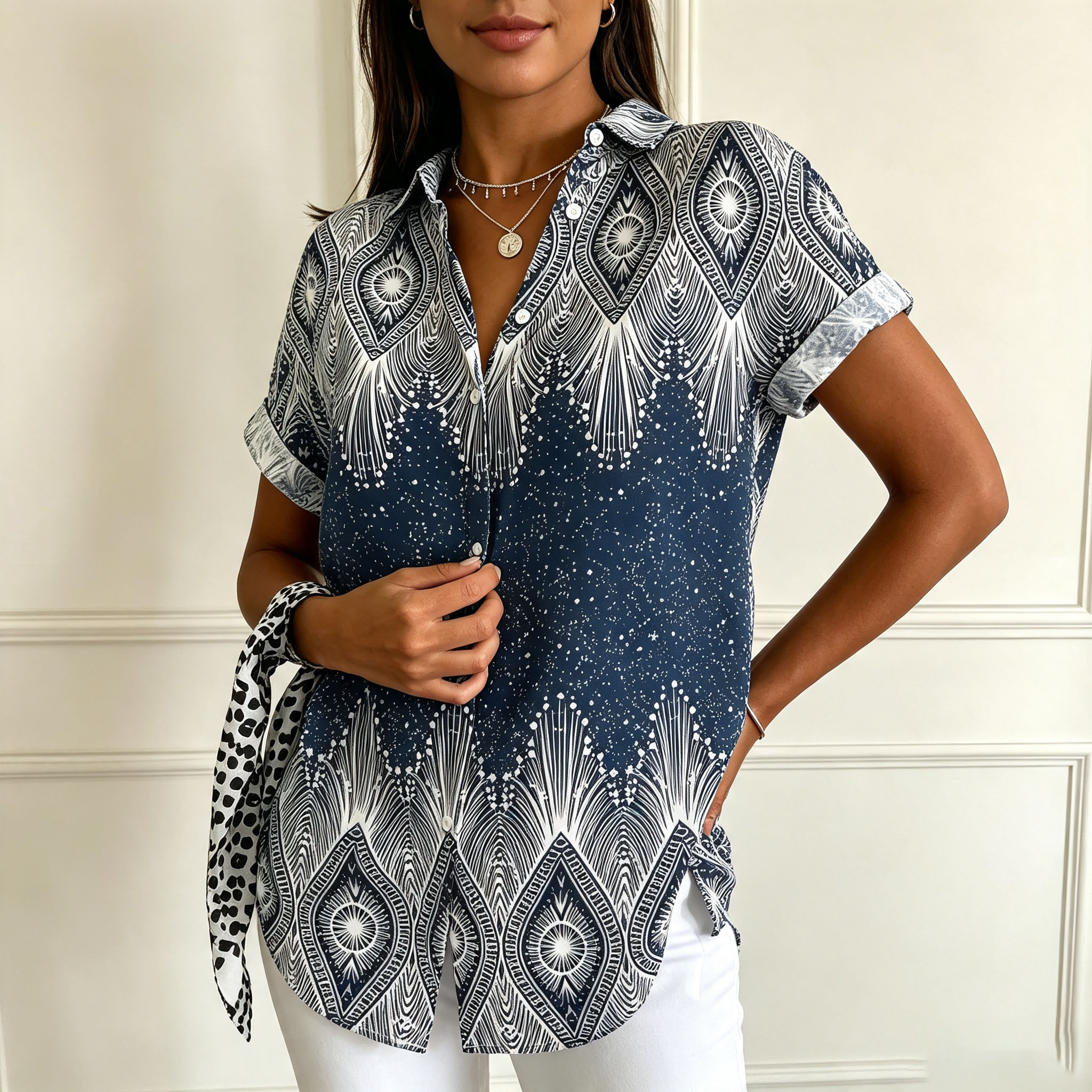    Women's Short Sleeve Button Down Shirt – Elegant Printed Casual Blouse with Soft Polyester Fabric