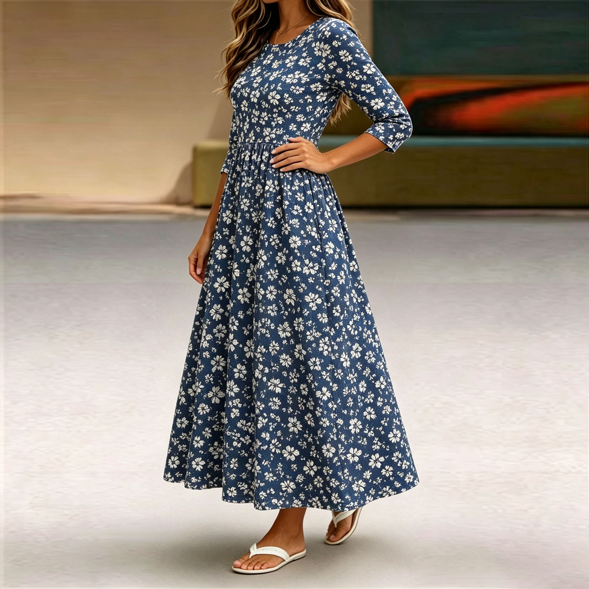 Women’s Floral Maxi Dress, Navy Blue Long Sleeve Dress with White Flower Print, A-Line Swing Casual Dress with Pockets, Elegant Boho Fall Dress for Vacation, Party & Everyday Wear
