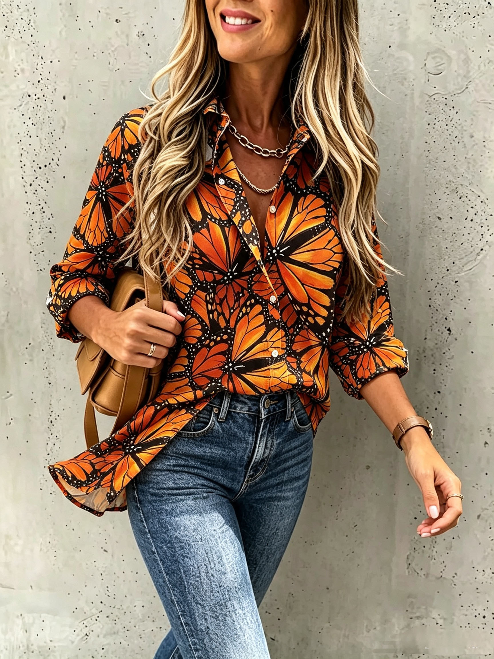 Women's Butterfly Print Button Down Shirt Long Sleeve Casual Blouse Colorful Floral Printed Tops Loose Fit Shirt for Spring Summer Fall Fashion-gemscharms