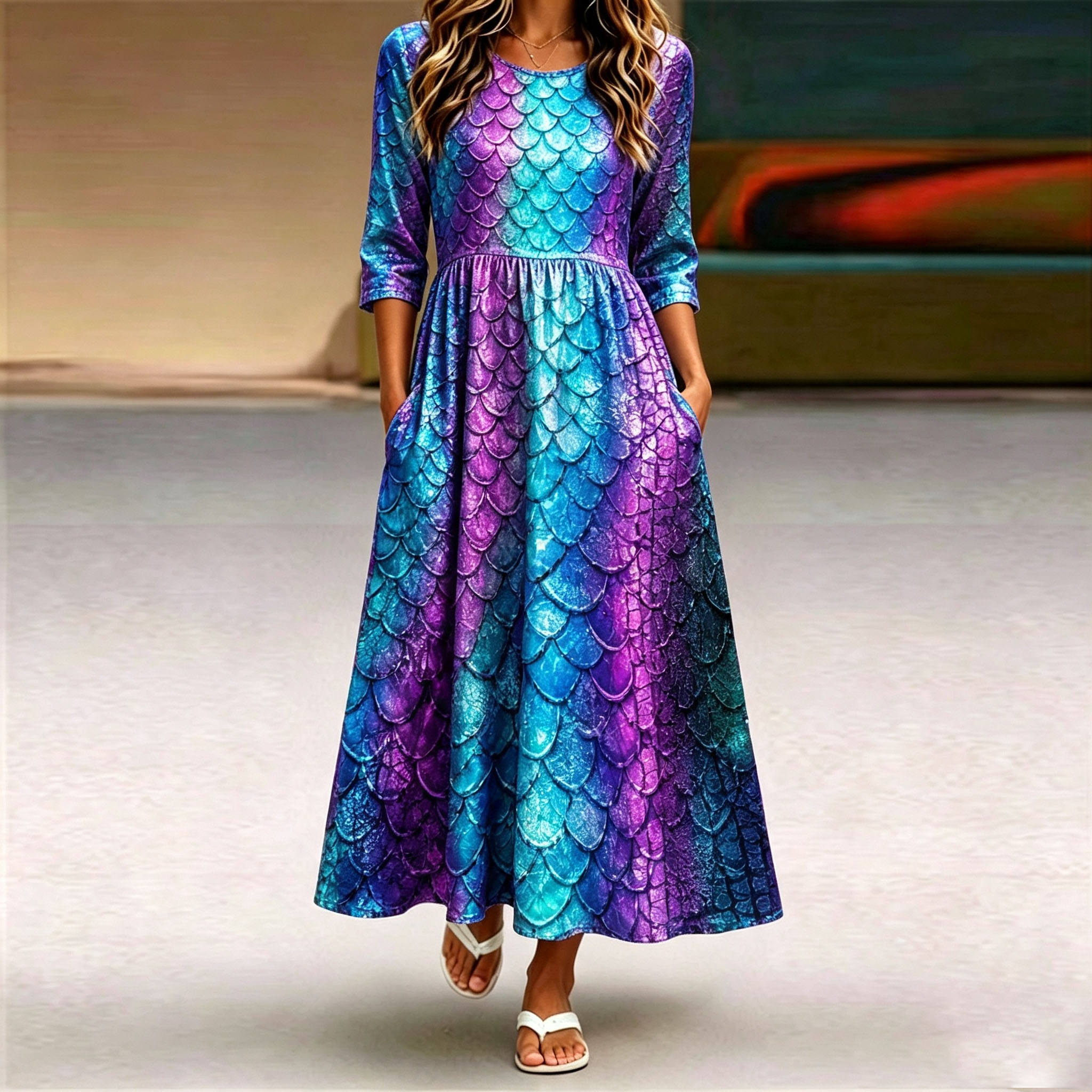Women's Mermaid Scale Print Maxi Dress 5/8 Sleeve Casual A Line Dress Round Neck High Waist Swing Dress Colorful Fantasy Dress with Pockets