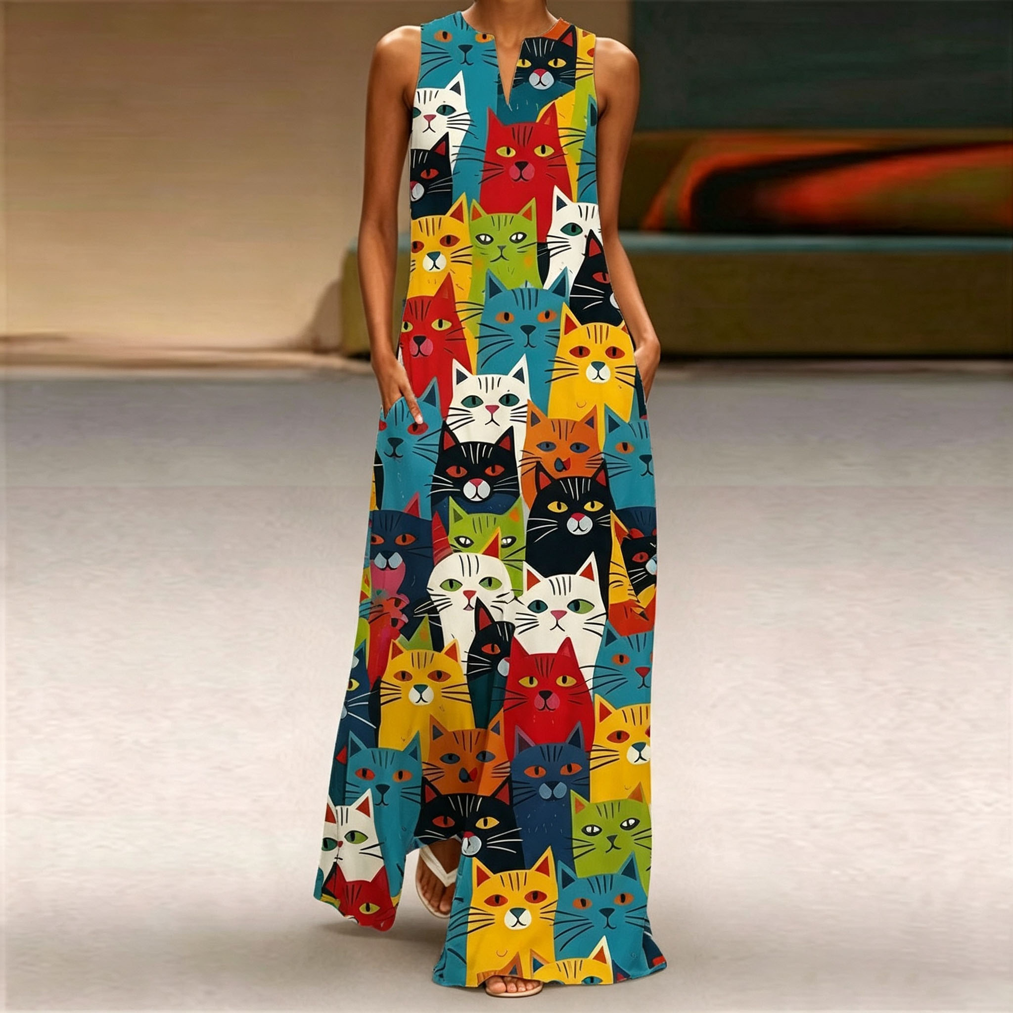 Women's Colorful Cat Print Maxi Dress – Sleeveless Casual Summer Dress with Artistic Animal Pattern and Relaxed Fit